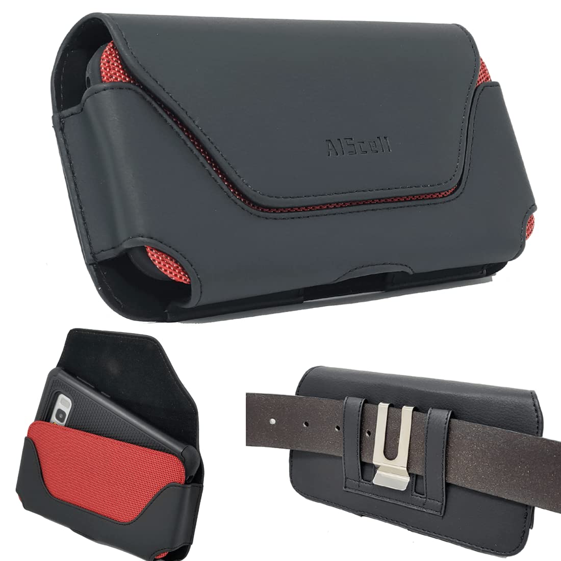 Aiscell Red Black Oversize Leather Pouch Holster Belt Loop Case Universal Faux Leather Horizontal Cellphone Belt Clip Hip Holste