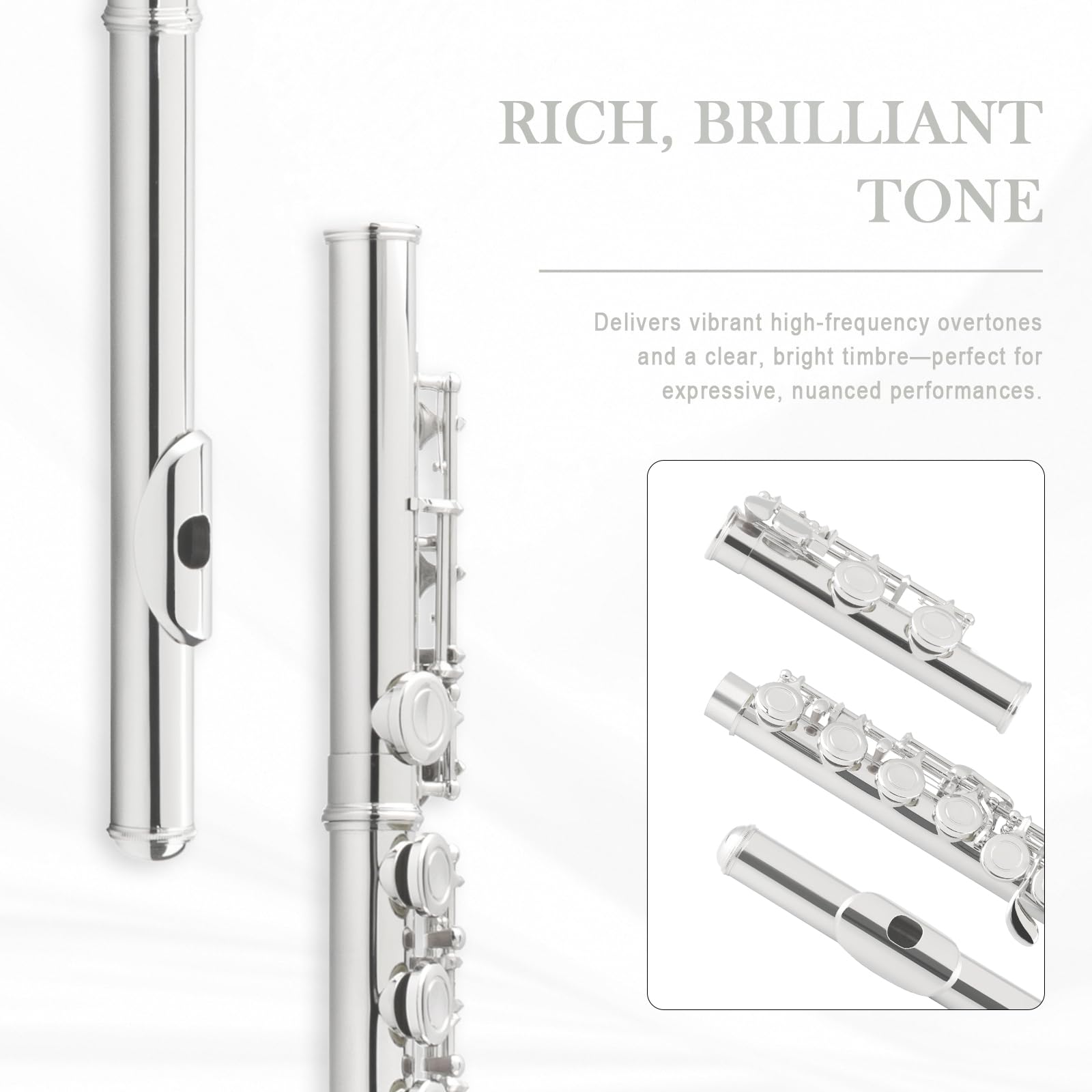 Sonicake Closed Hole 16 Keys Flute, Silver-Plated C Flutes For Beginner Student, Flute Instrument With Cleaning Kit, Carrying Ca