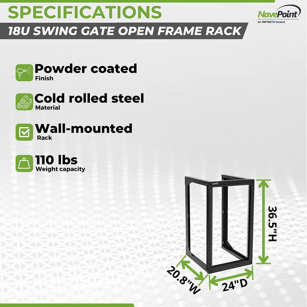 Navepoint 18U Server Rack With Swing Gate   18U Wall Mount Rack For 19 Inch It Equipment Open Frame Rack   Network Rack Wall Mou