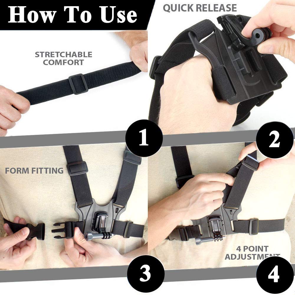 ASOCEA Adjustable Chest Mount Strap Harness with J-Hook for GoPro Action Cameras