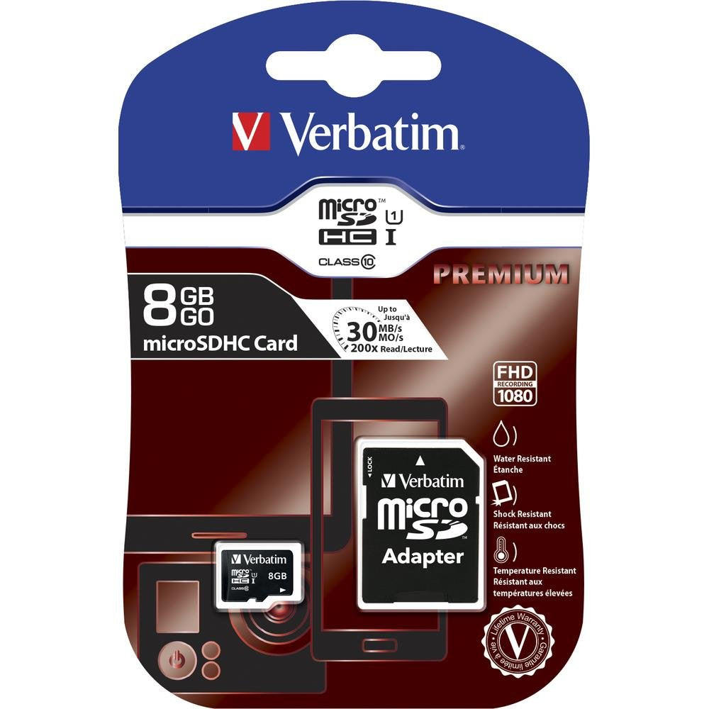 Verbatim 44081 8GB Premium microSDHC Memory Card with Adapter, UHS-I Class 10
