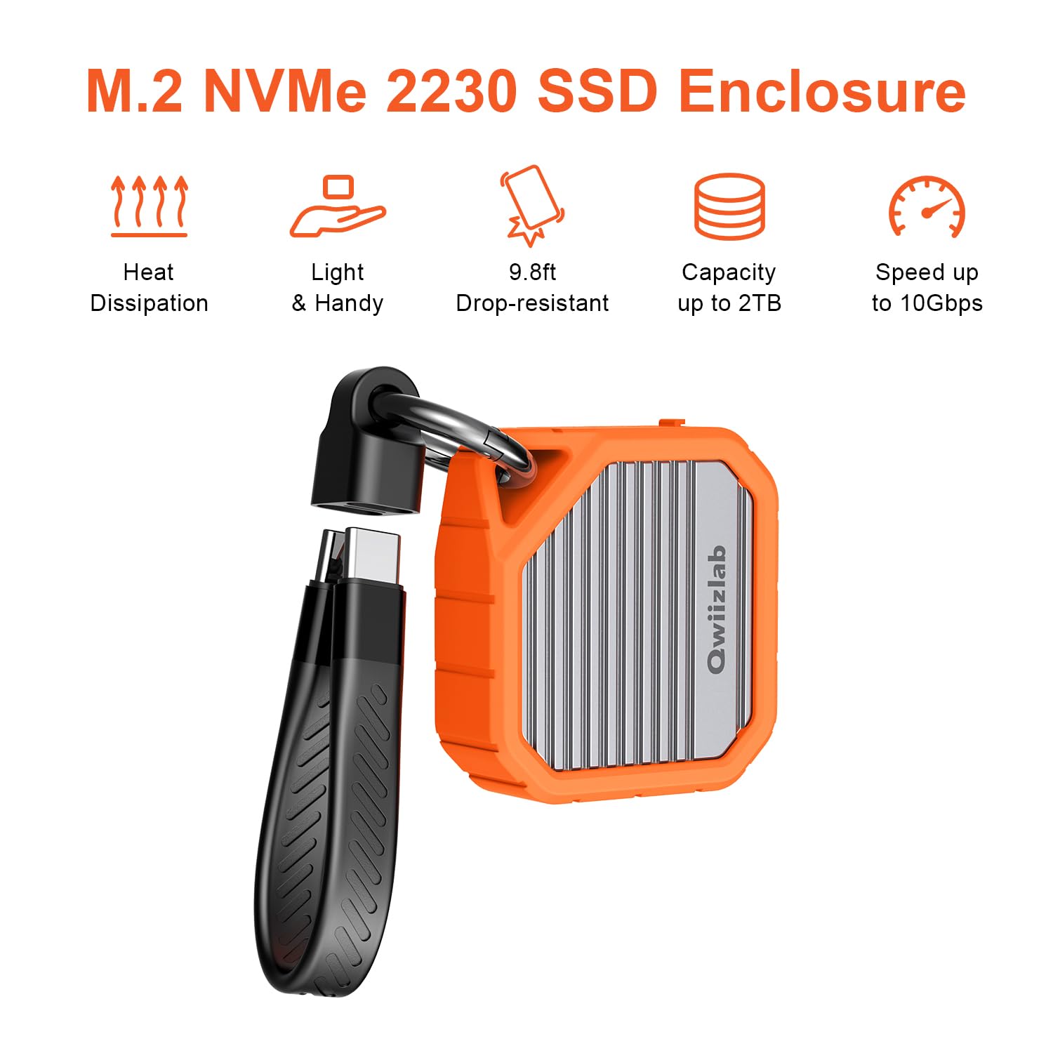 Qwiizlab M.2 2230 NVMe SSD Enclosure, 10Gbps USB-C, Aluminum, Orange, Model ES13UR, Fits M Key up to 2TB,