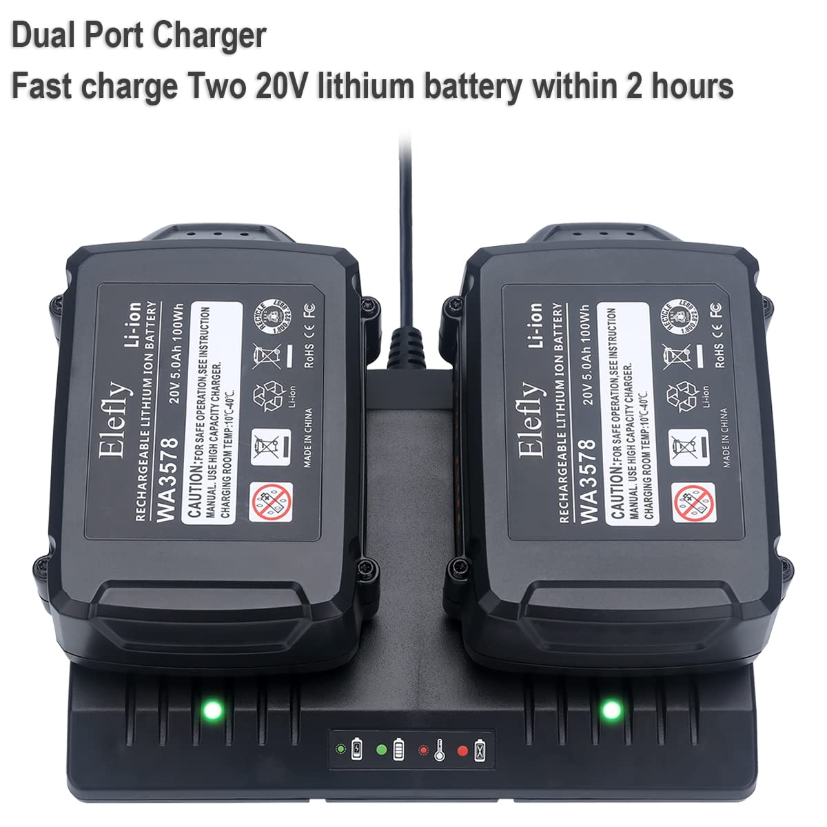 Elefly 20V Dual Port Wa3875 Charger Compatible With Worx 18V/20V Lithium Battery Wa3578 Wa3525 Wa3520 Wa3575 Wa3512 Wa3770 Wa388