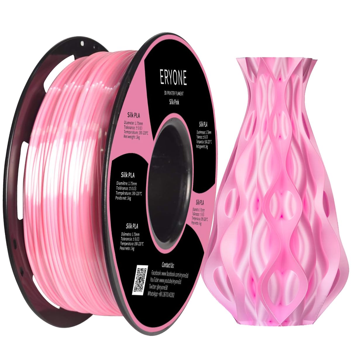 Eryone Silk Pla Filament For 3D Printer, 1.75Mm +/  0.03Mm, 1Kg (2.1Lbs)/Spool, Silk Pink