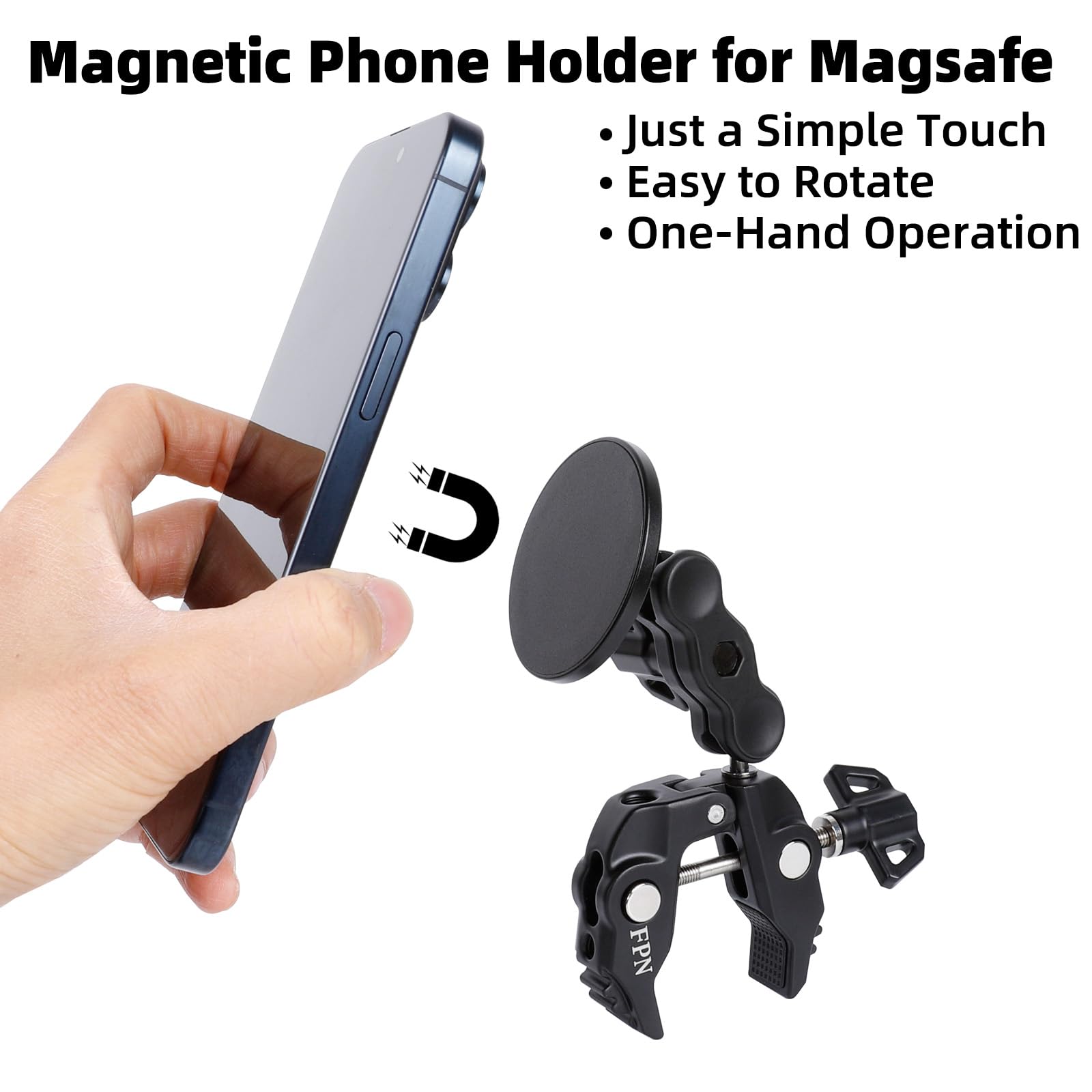 Fpn All-Metal Magnetic Phone Holder For Magsafe, Magnet Phone Mount With Super Clamp For Spin Bike/Microphone Stand/Cart/Railing