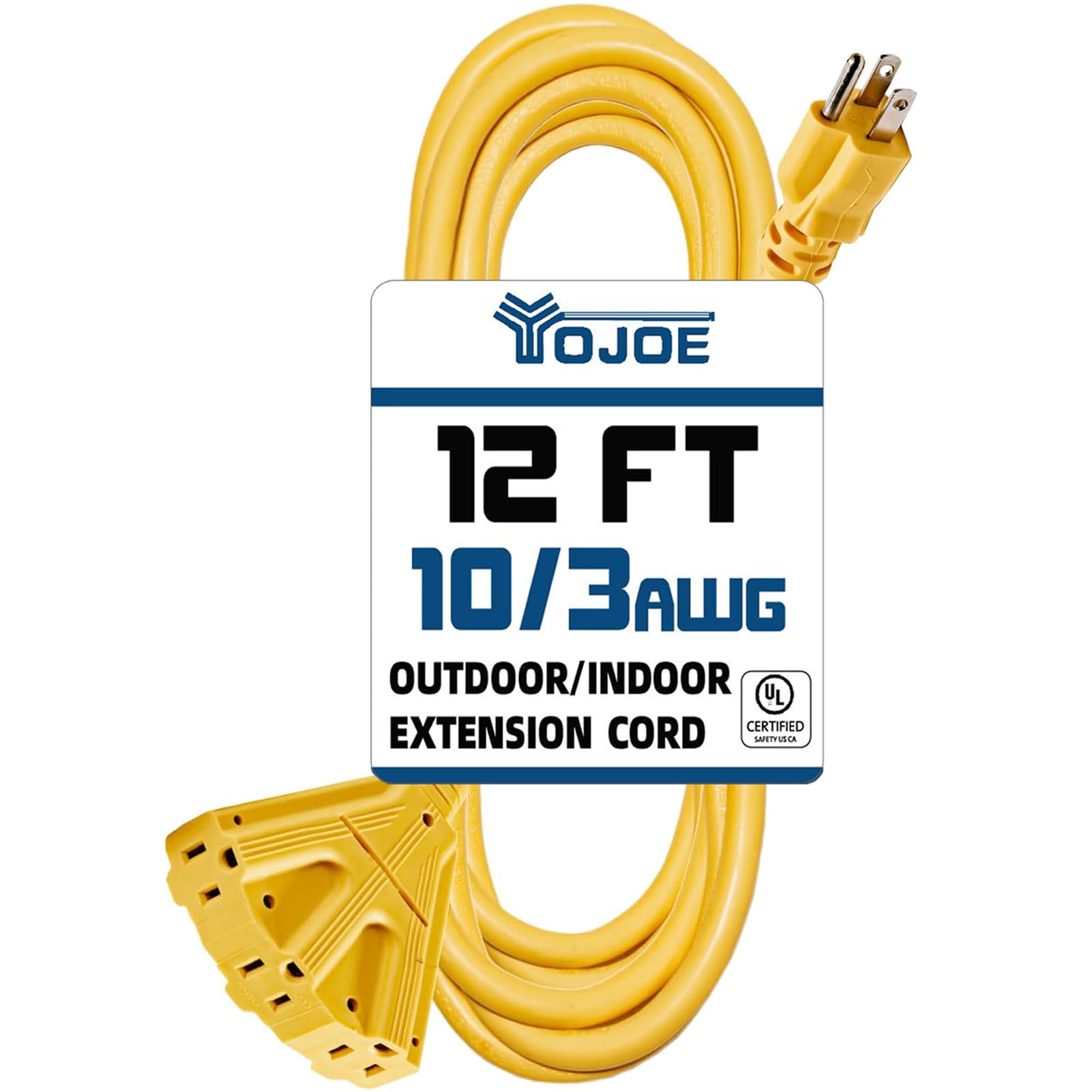 Yojoe 3 Outlet 10 Gauge 12 Ft Yellow Extension Cord, 15A Sjtw Weatherproof Power Cord For Indoor/Outdoor Use, 3 Prong Grounded P