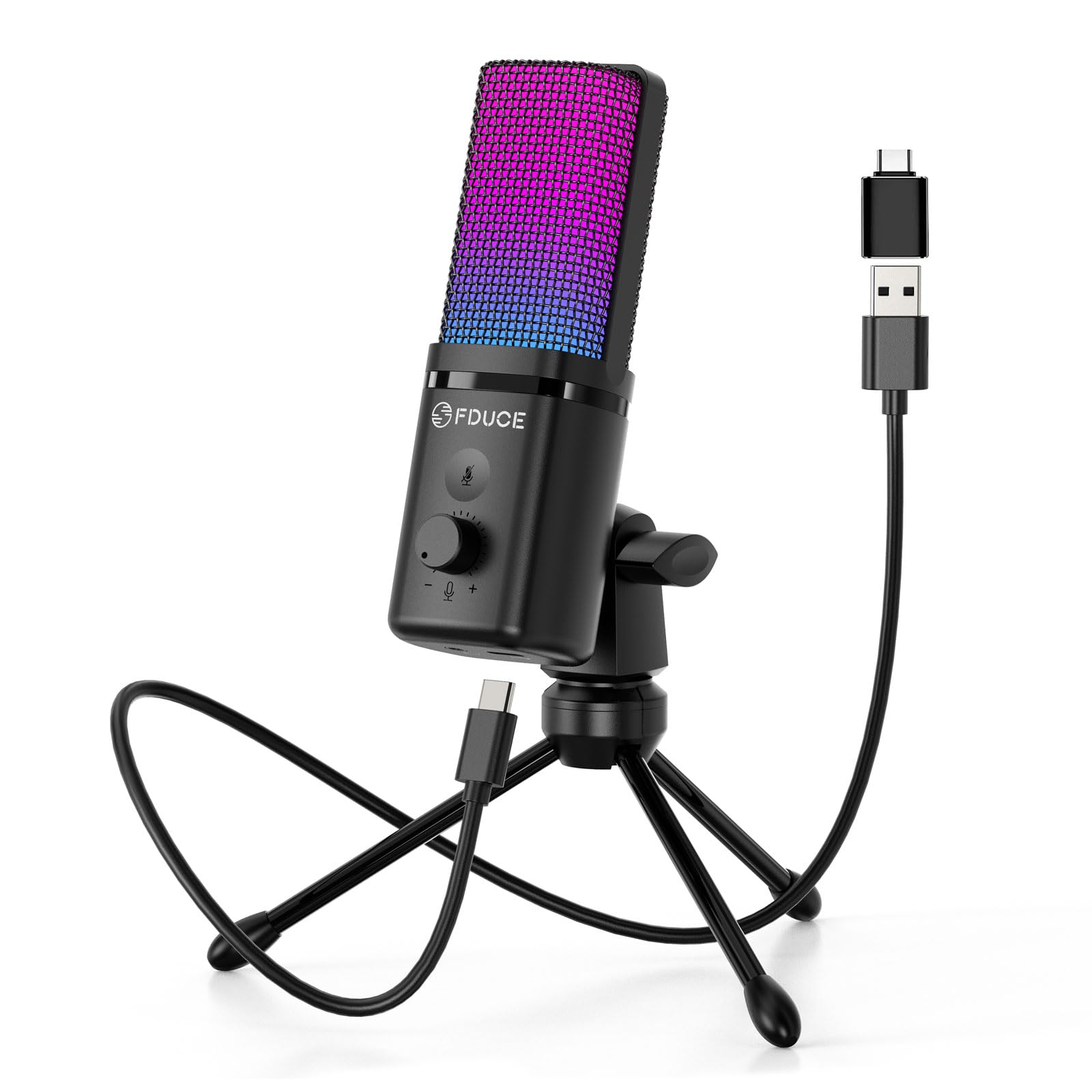 Fduce M160 Gaming Usb Microphone,Rgb Condenser Microphone With Tripod,Volume Adjustment And Mute Button Function,Compatible With