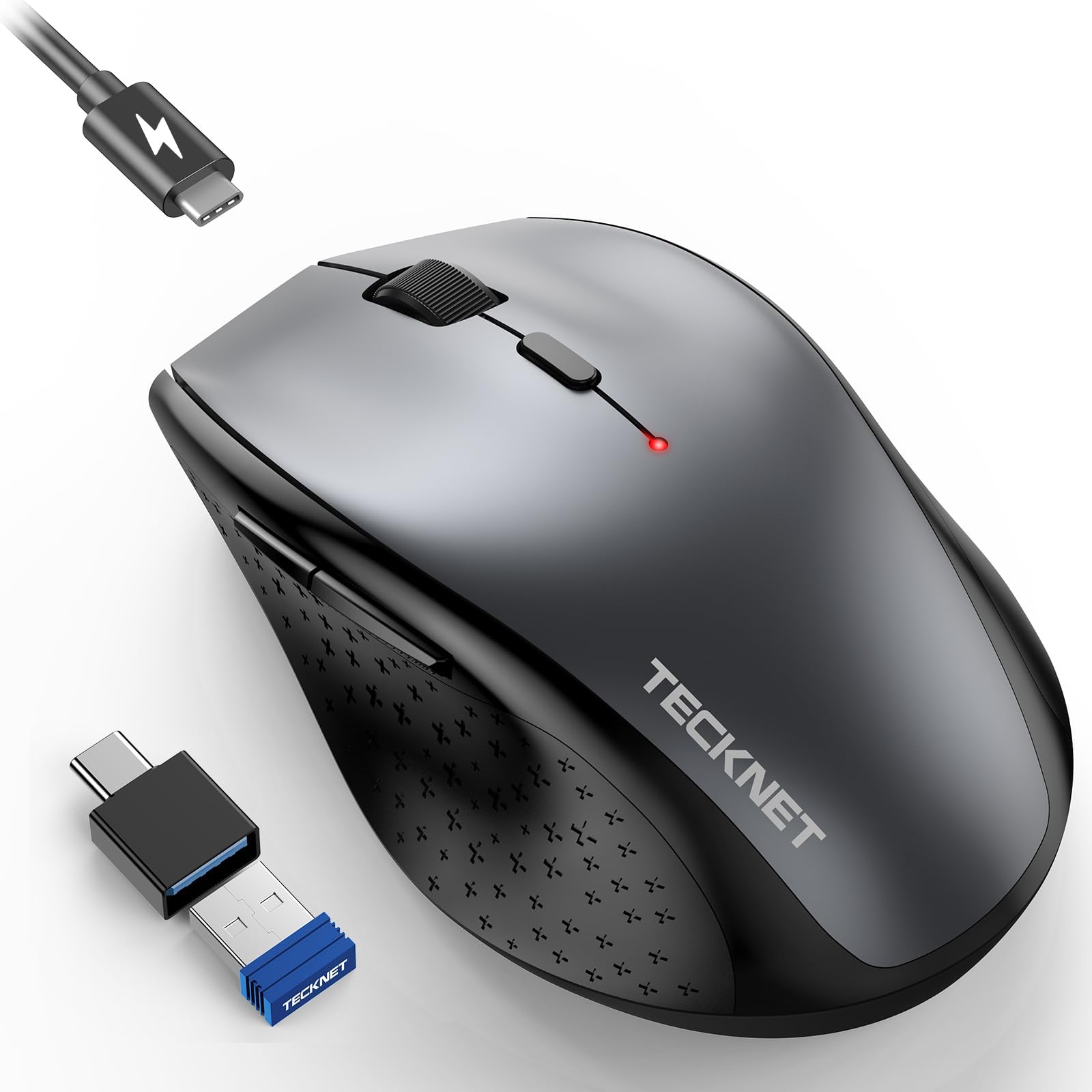 TECKNET Rechargeable Mouse with Jiggler, Plug & Play, 2.4G Connection with USB-C Adapter, Silent Mouse Quiet Click, 6400 DPI Erg