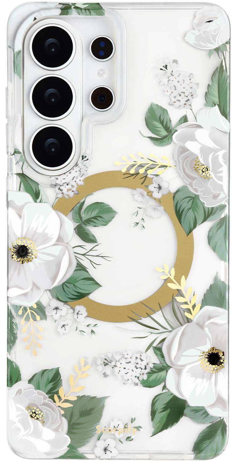 SCORPIFY Compatible with Samsung Galaxy S26 Ultra Case [Compatible with MagSafe] with White Rose Floral Design, Cute Clear Flowe
