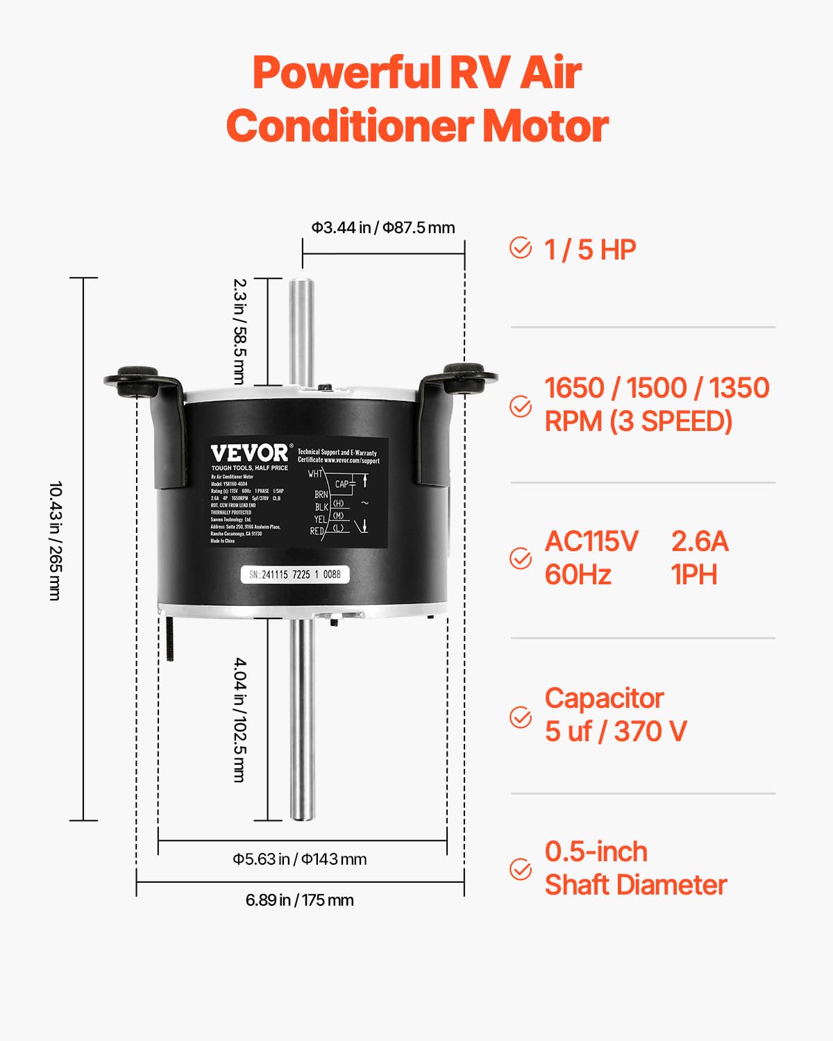 Vevor 3108706.916 Rv Ac Fan Motor Compatible With Dometic Brisk Air I Model - Single Phase, 1/5Hp Ac115V 2.6A 1650 Rpm (3 Speeds