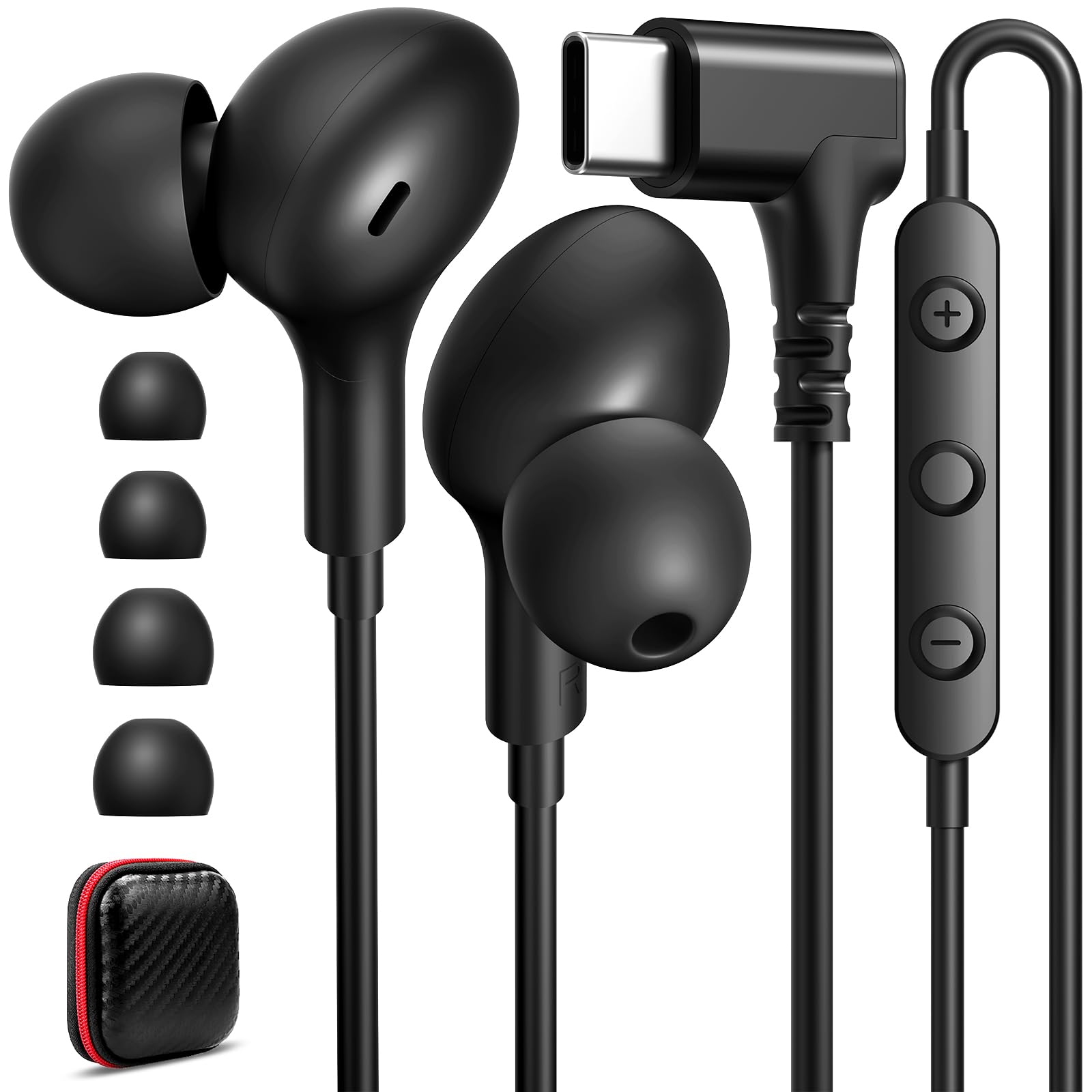 USB C Headphones with Case & Mic Wired Earbuds 90 Angled for Apple Android