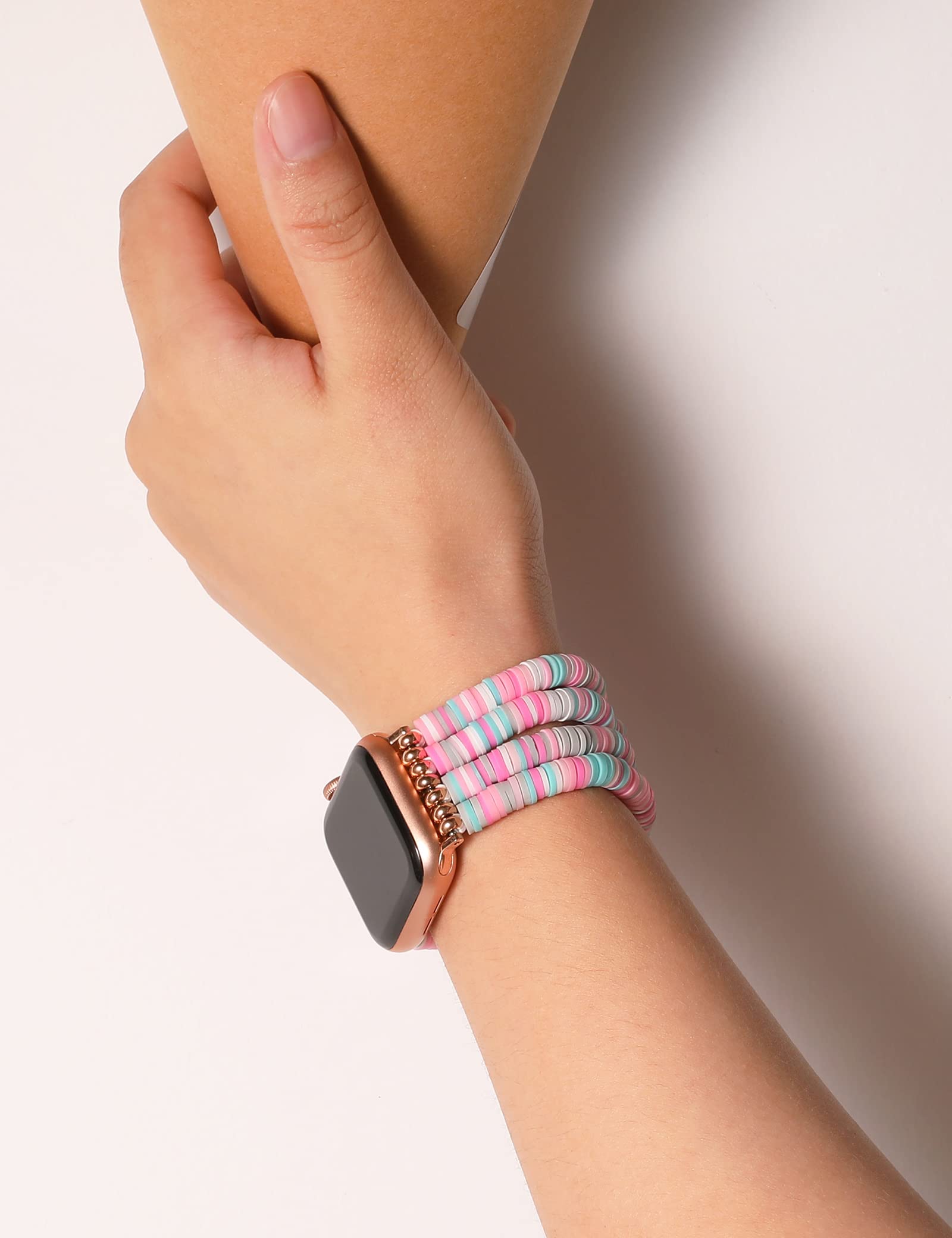 Toyouths Heishi Beaded Bracelet Compatible With Apple Watch Band Cute Stretch Girl Women Summer Beach Surfer Clay Preppy Jewelry
