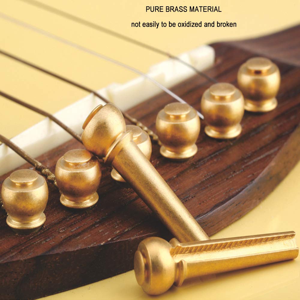 Kimlong Guitar Bridge Pins Set - 6 Pure Brass Endpins with Bridge Pin Puller & 5 Picks for Acoustic Guitars