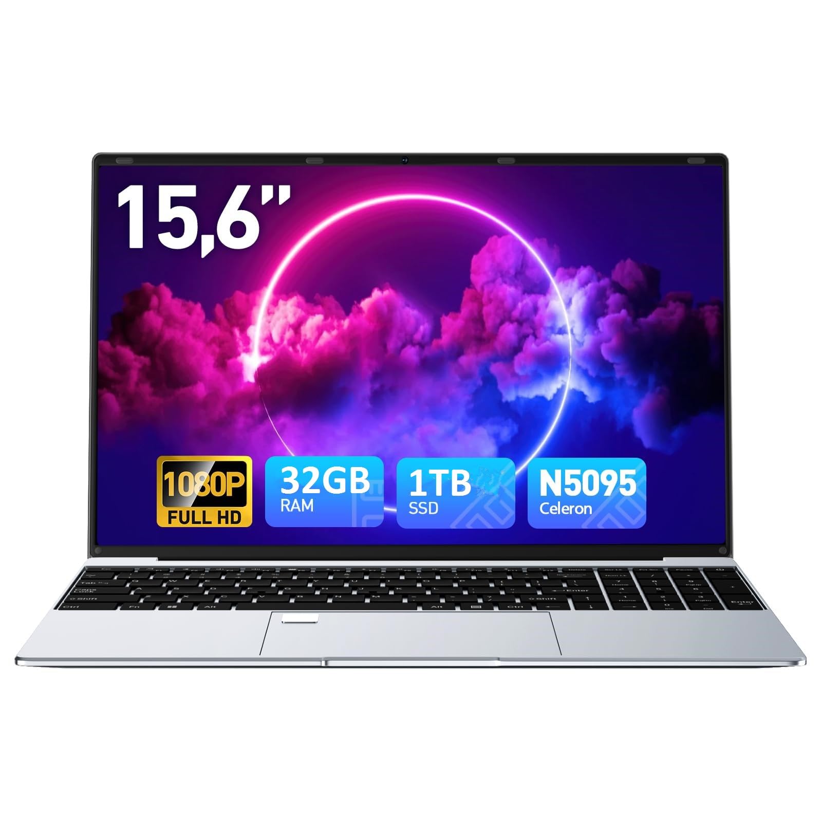 Wvryrv 15.6 Inch Laptop Computer 32GB RAM 1TB SSD Win 11 Laptop, Celeron N5095 Quad-Core Processor, 1080P FHD Display, Backlit K