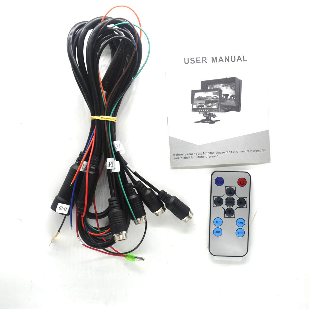 Padarsey 7'' Tft Lcd Car Rearview Quad Split Monitor,Remote Control, 4 Channels Rca Video Inputs(4 Pin Shockproof Connector)   1