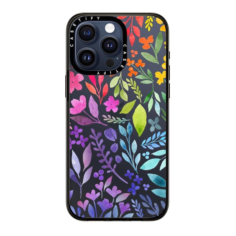 Casetify Compact Case For Iphone 15 Pro Max [2X Military Grade Drop Tested / 4Ft Drop Protection]   Floral Rainbow   Clear Black