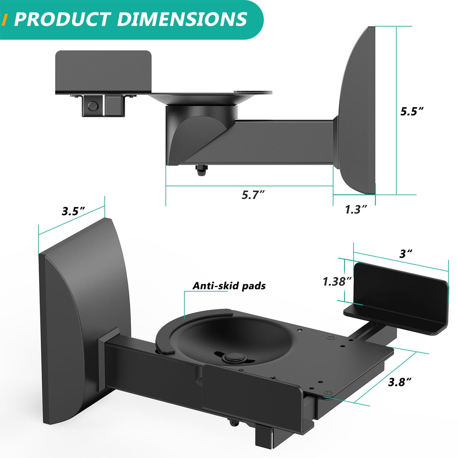 WALI Speaker Wall Mounts, Dual Side Clamping Bookshelf Mounting Bracket for Large Surrounding Sound Speakers, Hold up to 66 lbs. (SWM201XL), 1 Pair, Black