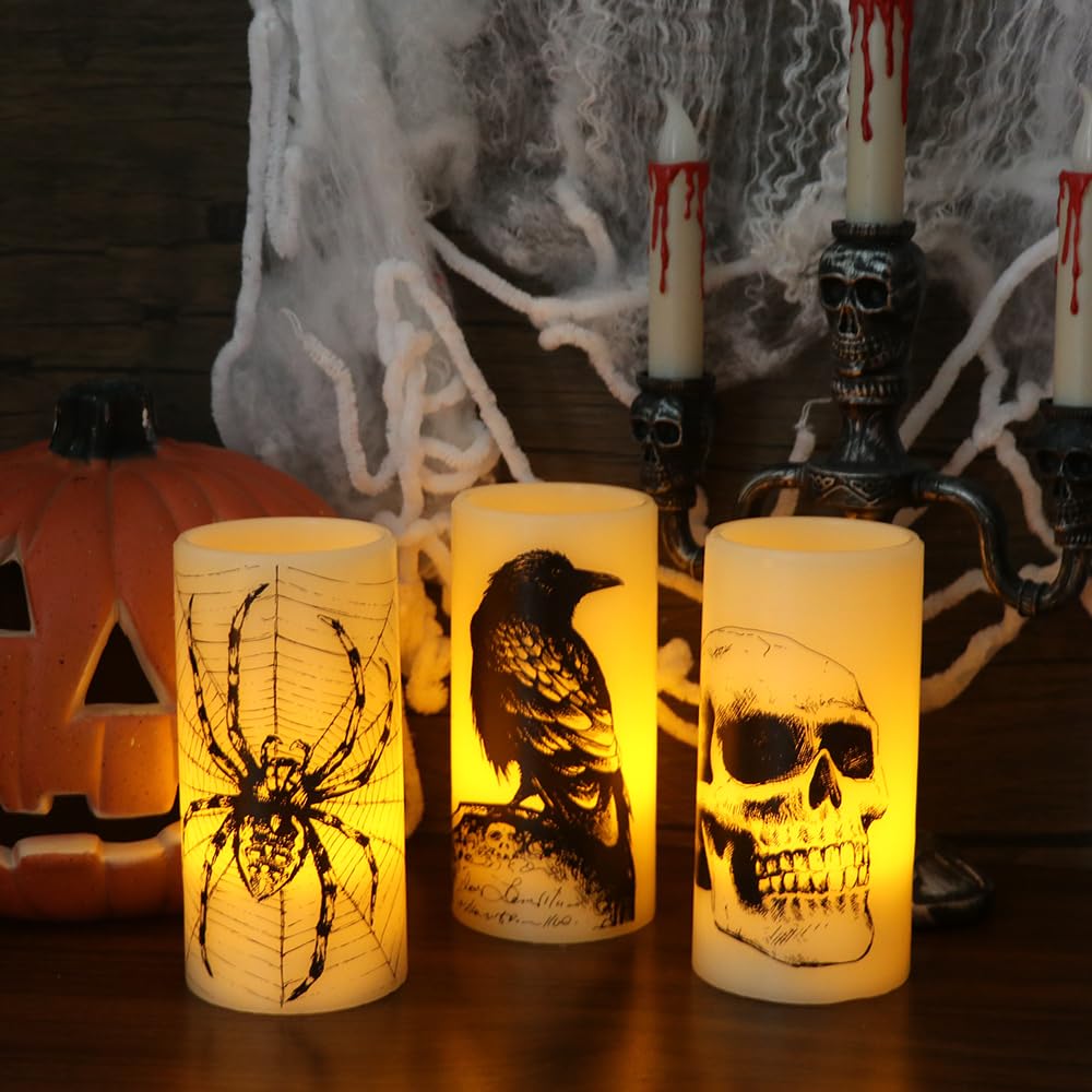 Eldnacele Halloween Flickering Candles With Skull, Spider Web, Crow Raven Decals Set Of 3, Battery Operated Halloween Themed Led