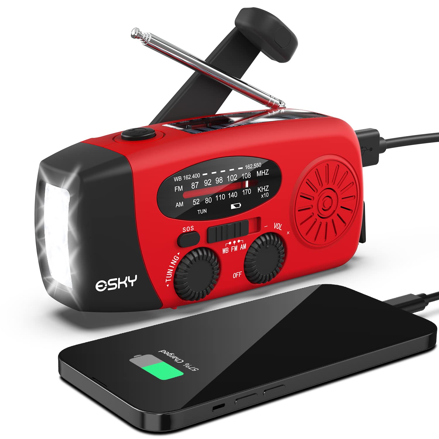 Esky Emergency Hand Crank Radio with 3 LED Flashlight, AM/FM/NOAA Portable Weather Radio with 2000mAh Power Bank Phone Charger, 