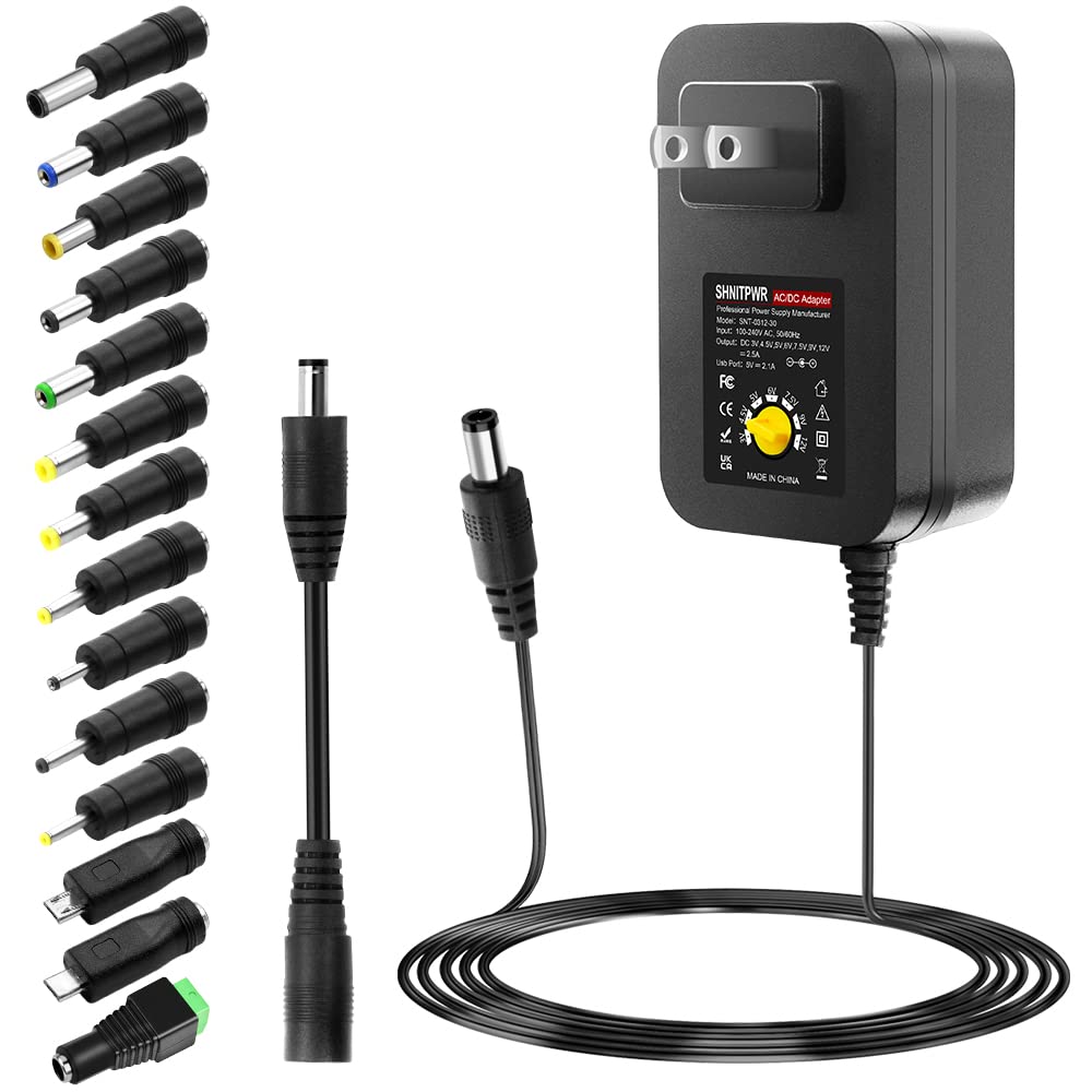 Shnitpwr 30W Universal Power Supply 3V 4.5V 5V 6V 7.5V 9V 12V Adjustable Variable Ac/Dc Adapter With 5V 2.1A Usb Port, 100V 240V Ac To Dc 3V~12V Converter 0.5A 1A 1.2A 1.5A 2A 2.5A Max With 14 Tips