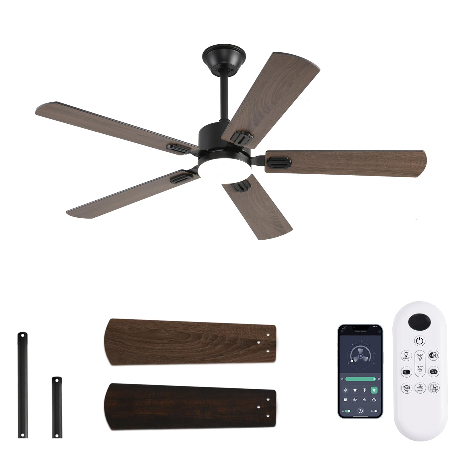 52 Inch Modern Ceiling Fans With Lights App/Remote Control, Low Profile Reversible 6 Speeds Dimmable Ceiling Fan Light For Indoo