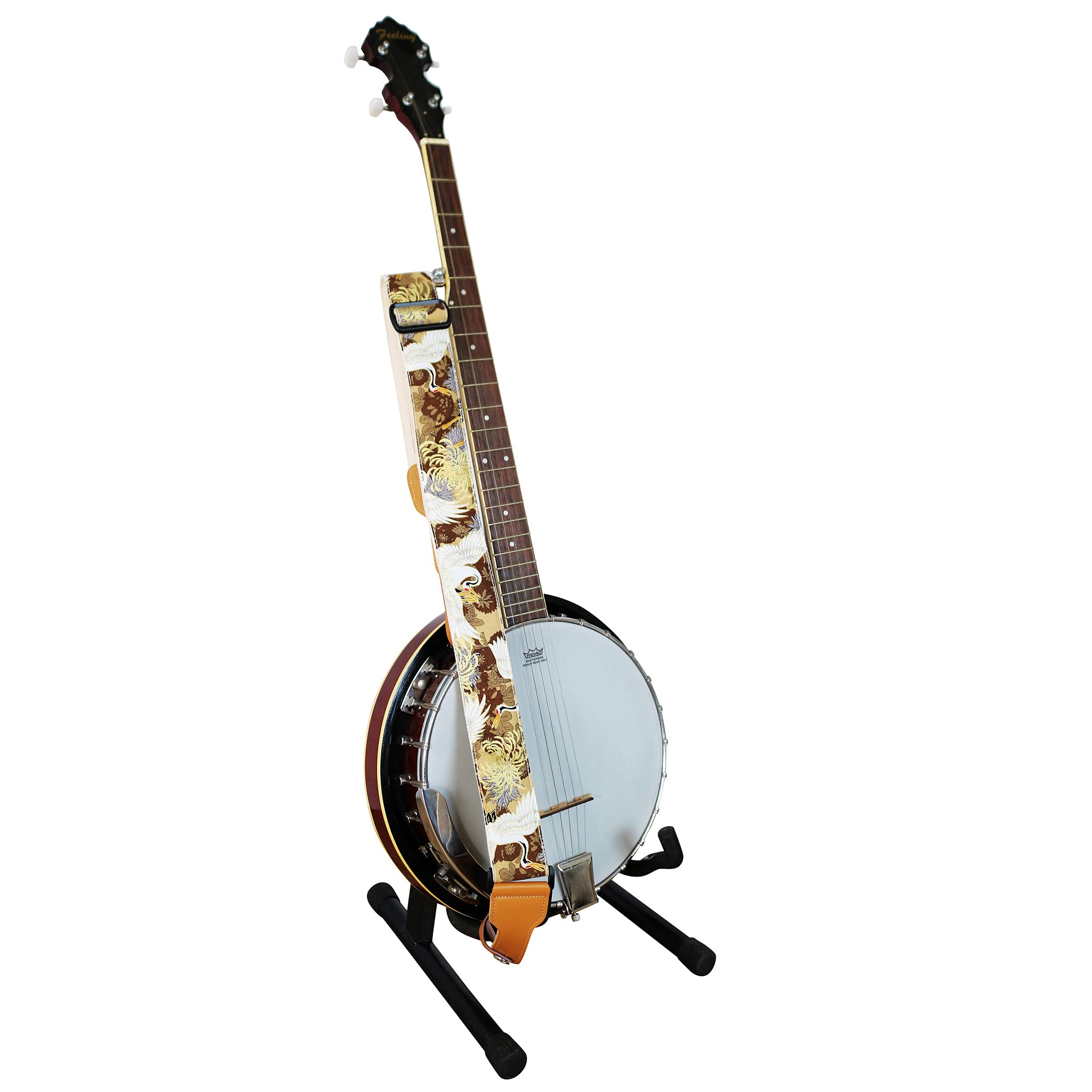 Music First, 2 Inch Width (5Cm), Padded, Vintage Ukiyoe Style''Chrysanthemum & Crane In Tan'' Soft Muslin & Genuine Leather Delu