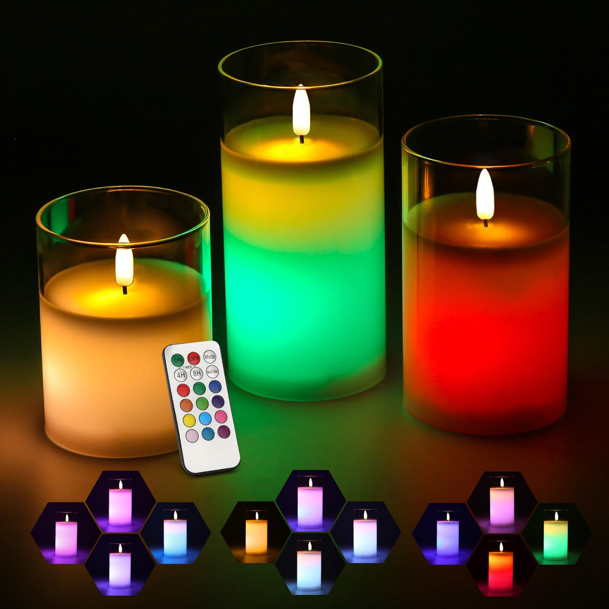 Glass Battery Operated Led Color Changing Columnar Flameless Candles With 18-Key Remote 4'' 5'' 6'' Set Of,Real Wax Candles Warm