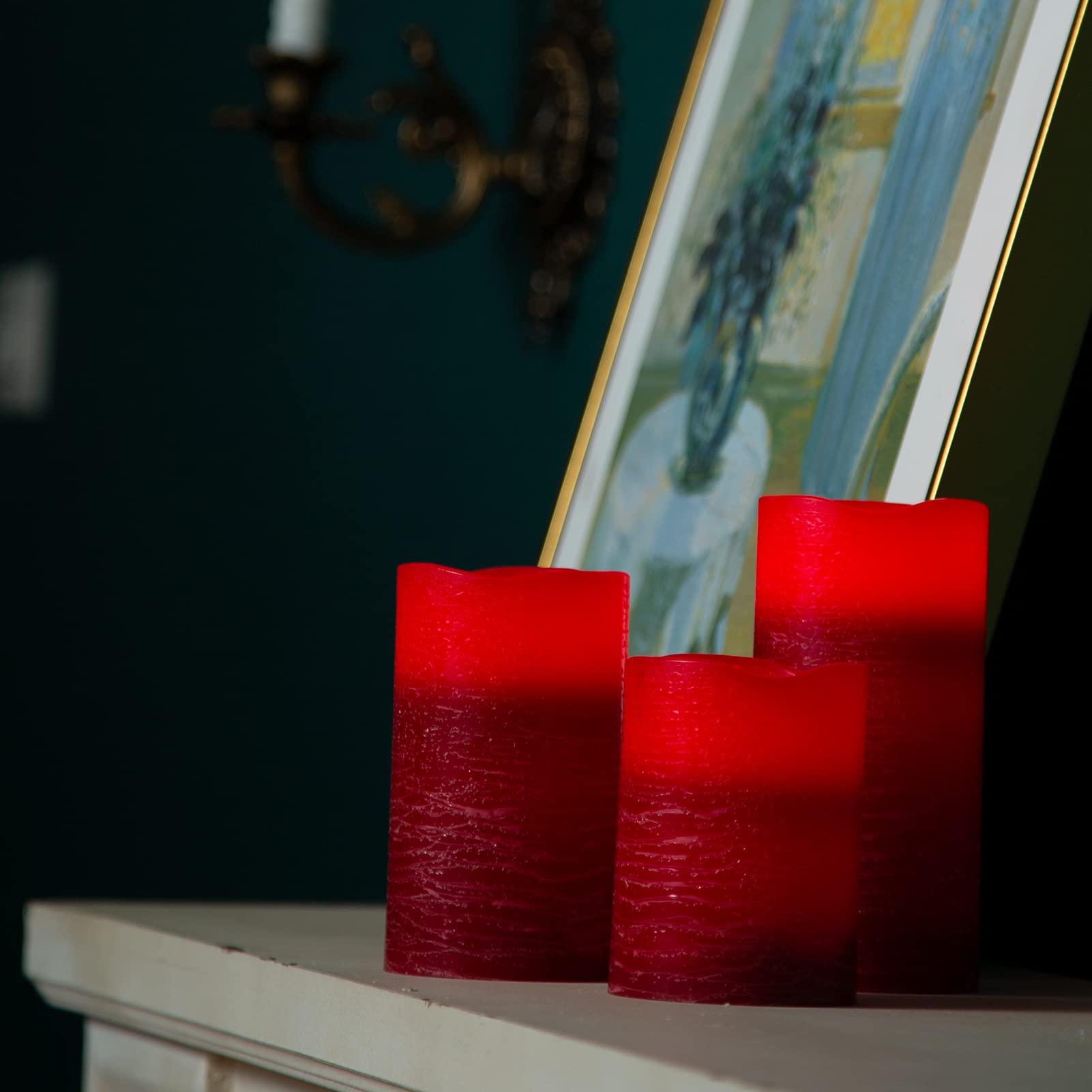 H-Blossom Red Flameless Candles Real Wax Led Pillar Candles Battery Operated With Cycling 5H Timer Set Of 3 (3 X 4/5/6) (Red)