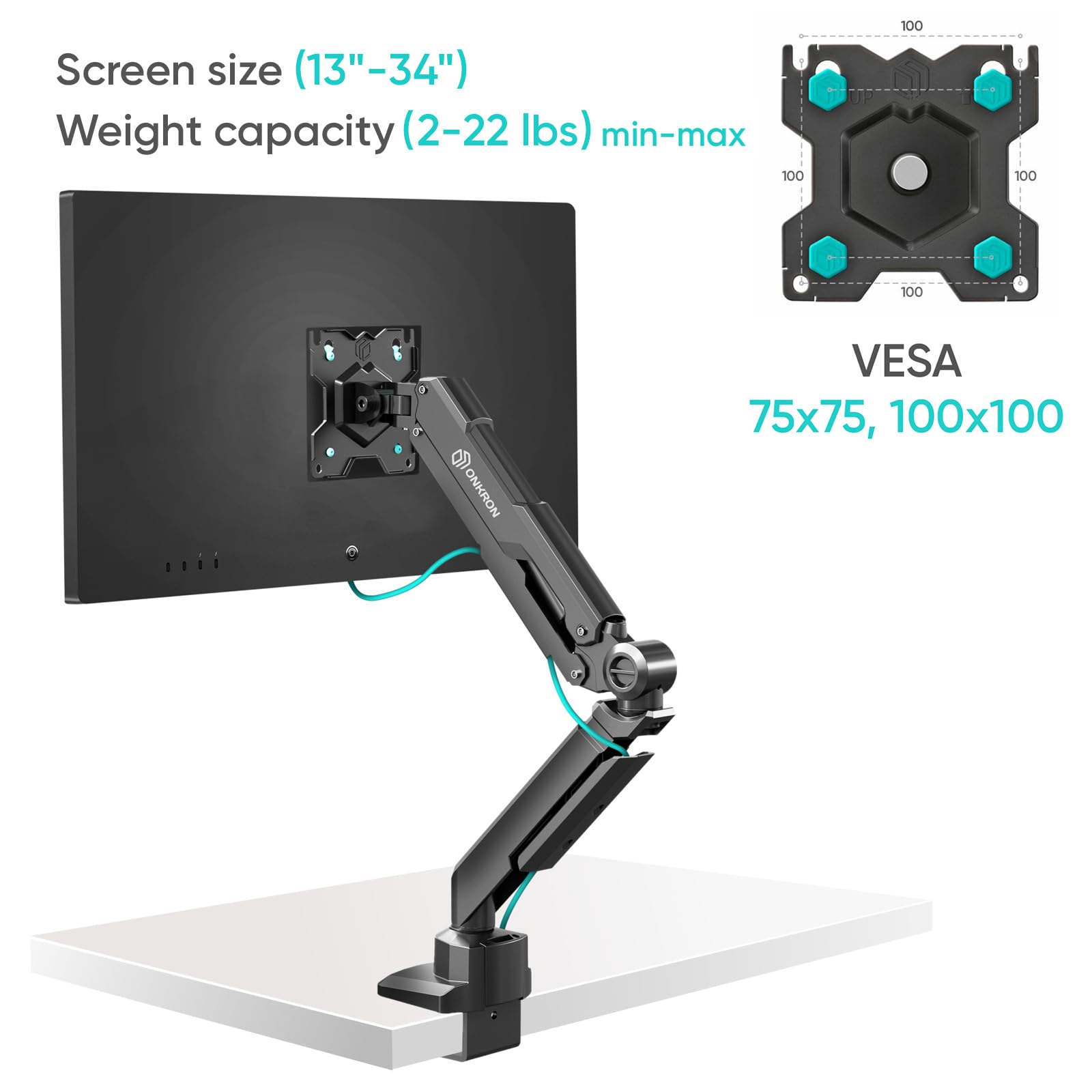 Onkron Single Monitor Desk Mount For 13 34 Inch Screens, Up To 22 Lbs, Pc Monitor Arm, Gas Spring, 75X75 & 100X100 Vesa, Full Mo