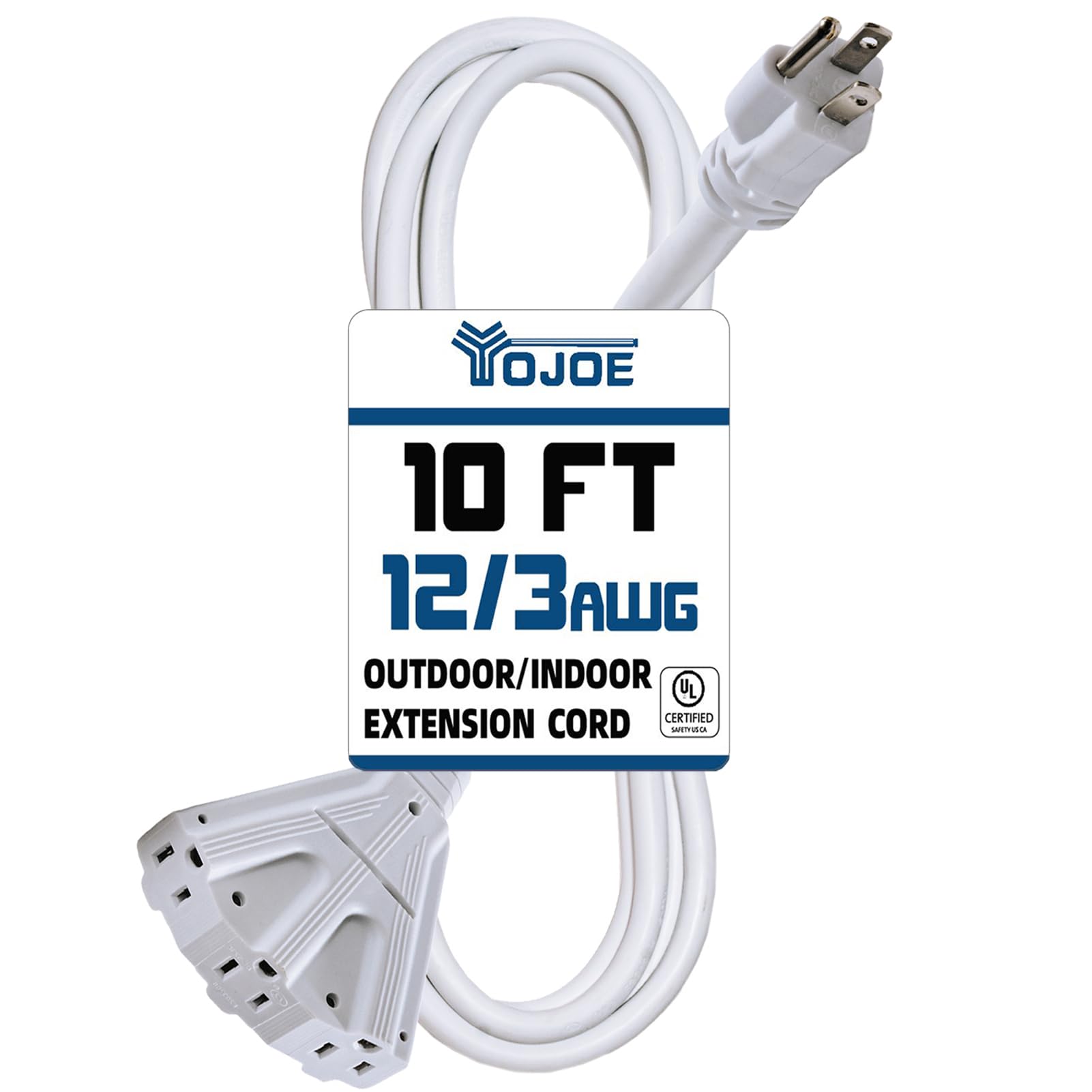 Yojoe 3 Outlets Indoor Outdoor Extension Cord, 3 Prong 15A Weatherproof Power Cord Multiple Outlets, 12 Gauge Heavy Duty 10 Ft W