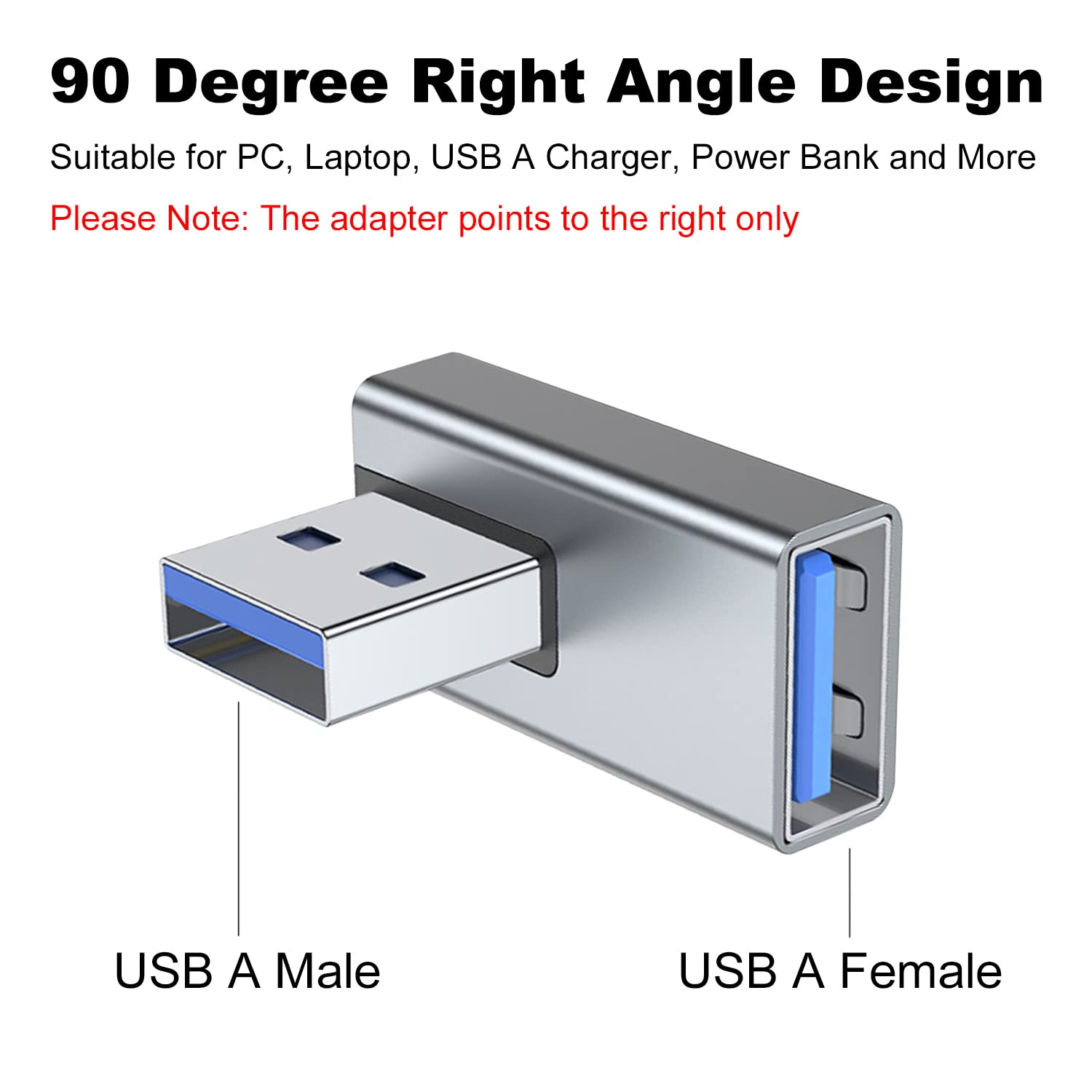 Areme 90 Degree Usb 3.0 Adapter 2 Pack, Right Angle Usb A Male To Female Converter Extender For Pc, Laptop, Usb A Charger, Power Bank And More (Grey)
