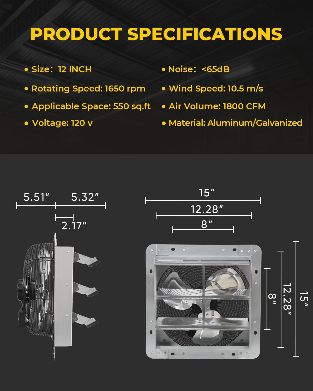 Ventisol 12 Inch Wall Mounted Shutter Exhaust Fan, Aluminum Blades, 1800Cfm, Automatic High Speed Household Ventilation Fan For