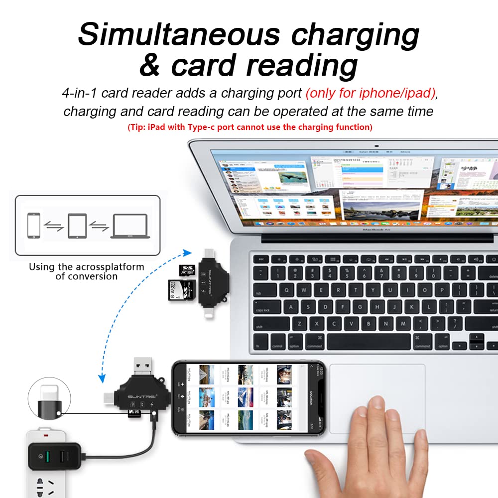 4 In 1 Sd Card Reader For Iphone Ipad Android Mac Pc Camera,Micro Sd Card Reader Sd Card Adapter Portable Memory Card Reader Tra