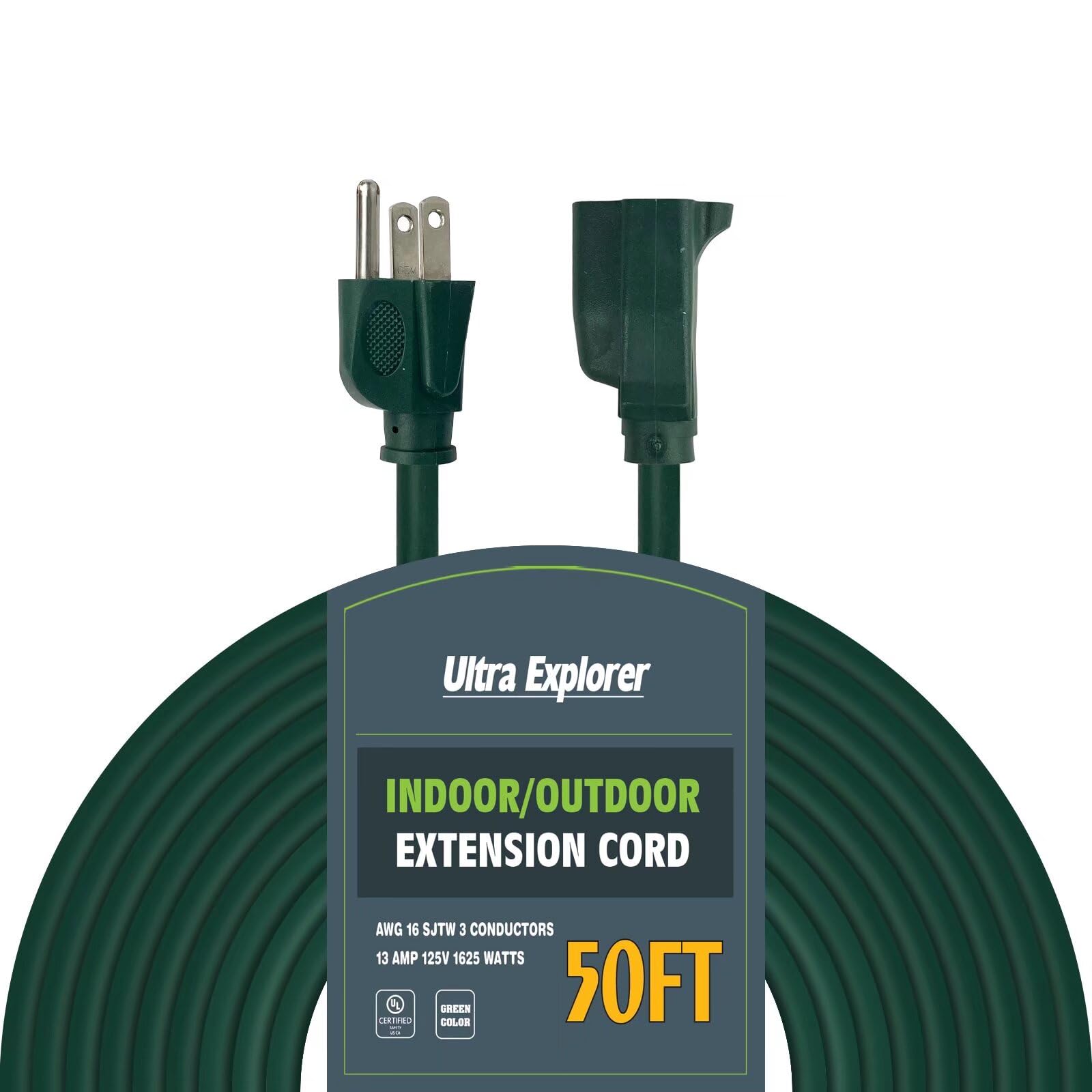 50 Ft 16/3 Outdoor Extension Cord Waterproof   16 Gauge 3 Prong Electric Cord, Sjtw, 13A 1625W 125V, Grounded Plug Extension Wir