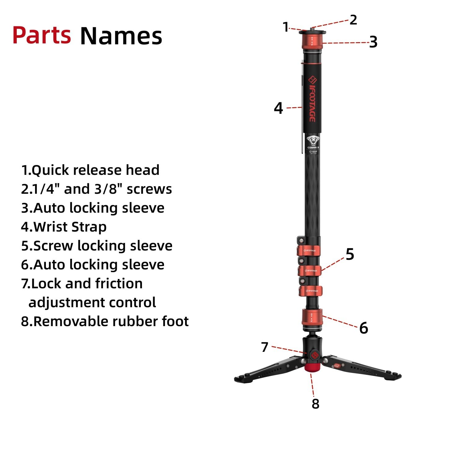 Ifootage Cobra 3 C180F,Camera Monopod With Tripod Base,Carbon Fiber Professional Video Monopod,Suitable For Slr Cameras And Camc