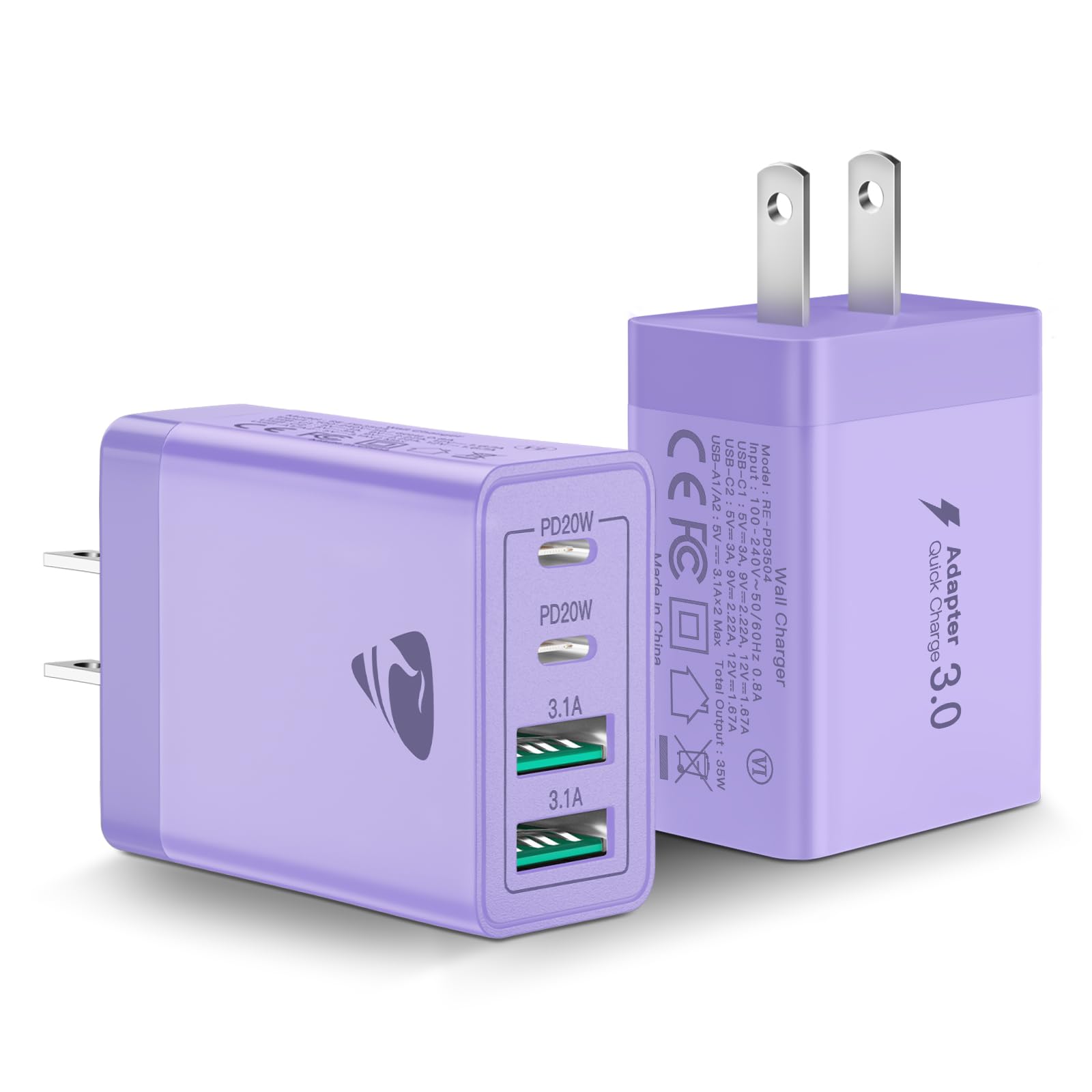 Usb C Wall Charger Block 2 Pack, Aiminu 40W 4 Port Pd Power Delivery Fast Type C Charging Block Plug Adapter For Iphone 15/14/13