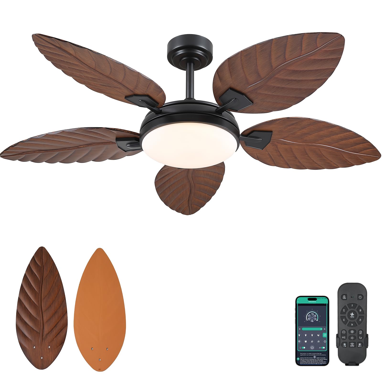 PHORUS 52 Inch Tropical Ceiling Fans with Lights and Remote,Outdoor Palm Leaf Ceiling Fan for Patios Porch Bedroom, Dimmable, 6 