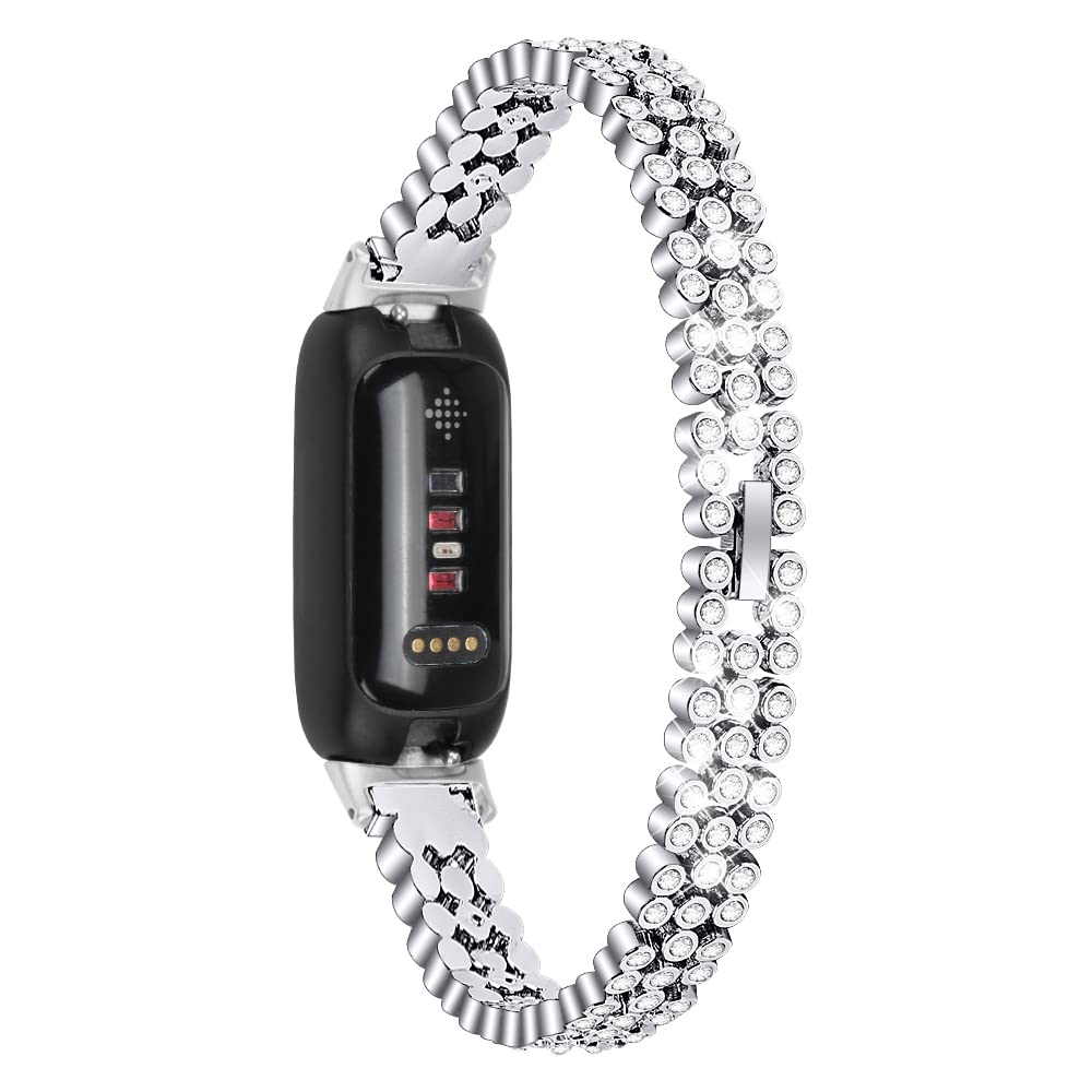 Fitturn Compatible With Fitbit Inspire 3 Smart Watch Band For Women Men Replacement Quick Release Rhinestone Metal Bling Bracele