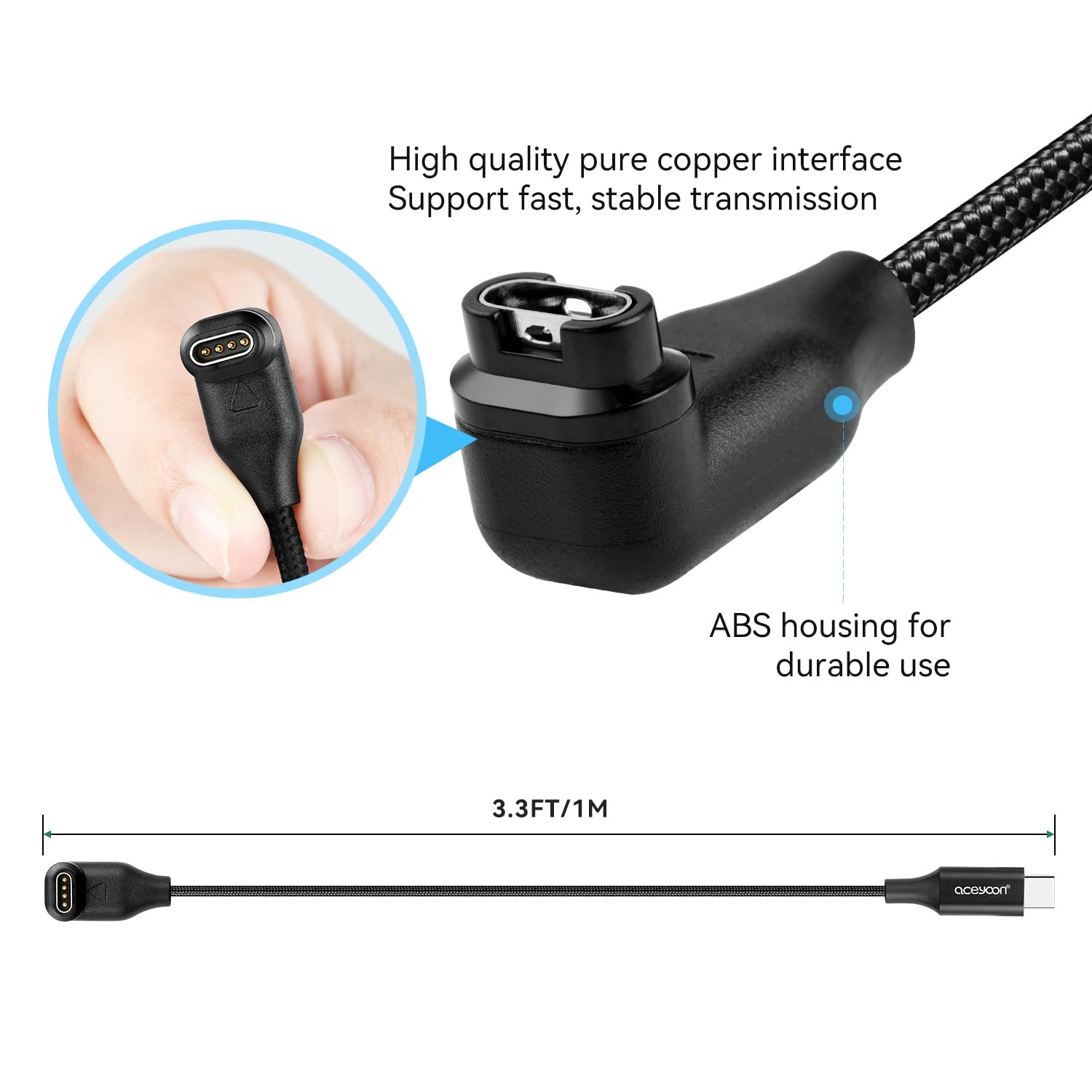 aceyoon 2 Pack 3.3FT Right Angle Charger Cable for Garmin Fenix 7/6/5/X/S, Forerunner 245/945, Instinct 2, Vivo