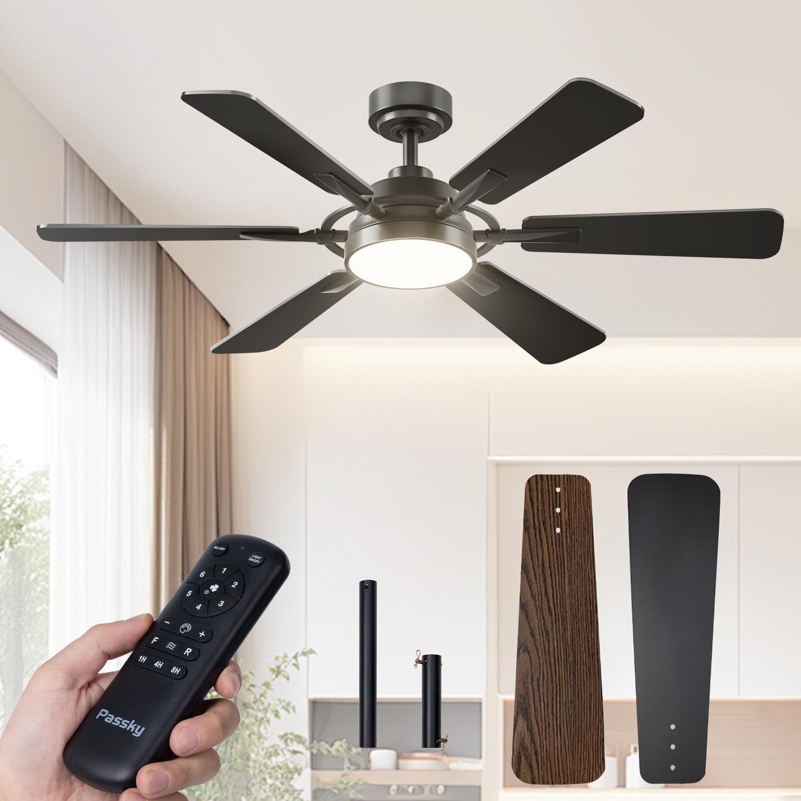 Passky Ceiling Fans with Lights, 52 inch Ceiling Fan with Light and Remote Control, Reversible, Dimmable, 3CCT, Quiet, Black Mod