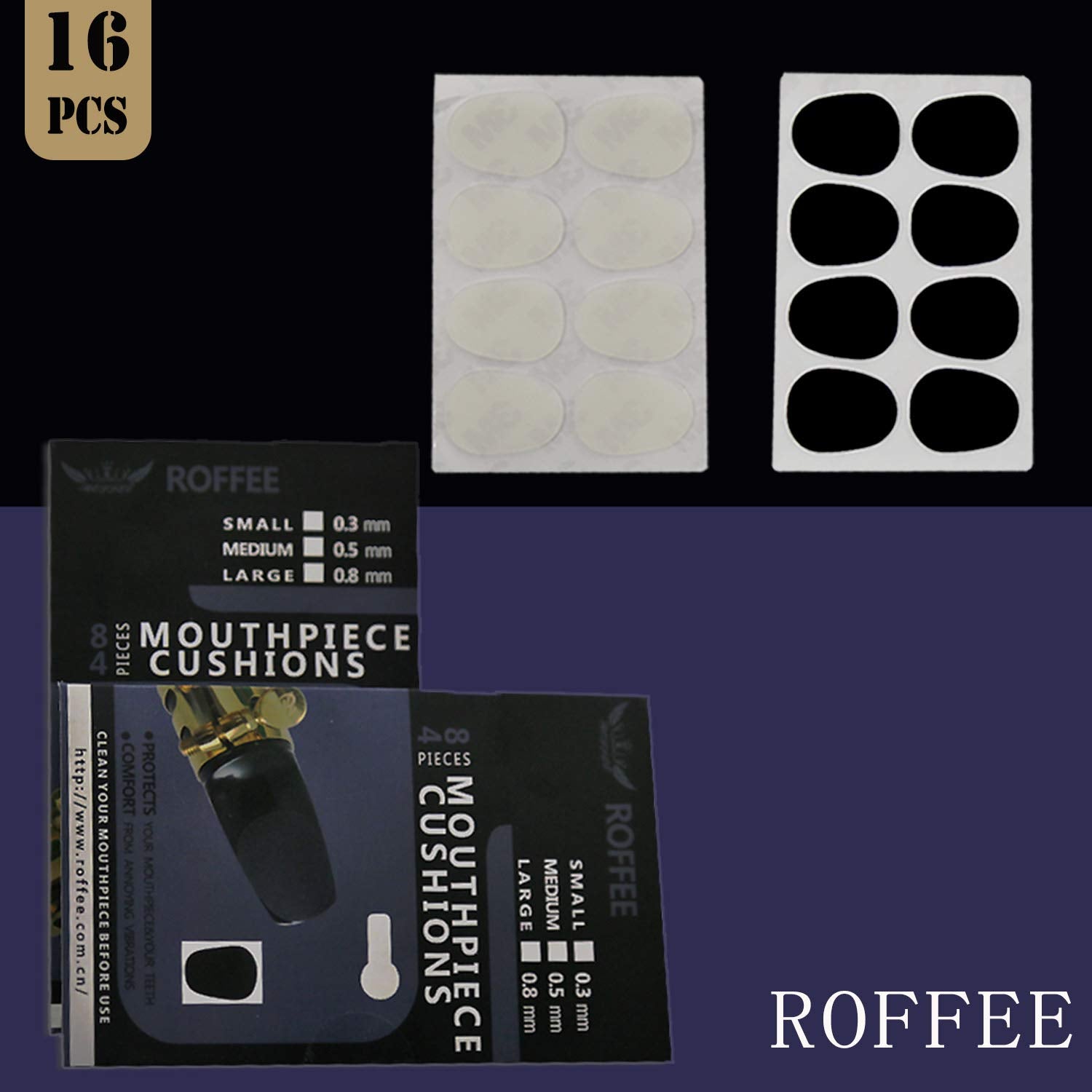 Roffee Alto/Tenor Saxophone Mouthpiece Cushions Patches Pads,2 Packs 0.5Mm (8 Pcs Black&8 Pcs White)