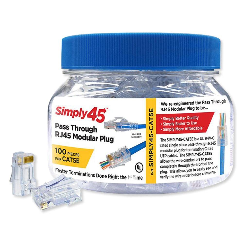 Simply45 Unshielded Pass Through Rj45 Modular Plugs   24Awg Solid For Cat5E Utp Cables And 28 26Awg Stranded   Light Blue Tint   100 Piece Jar   S45 1500