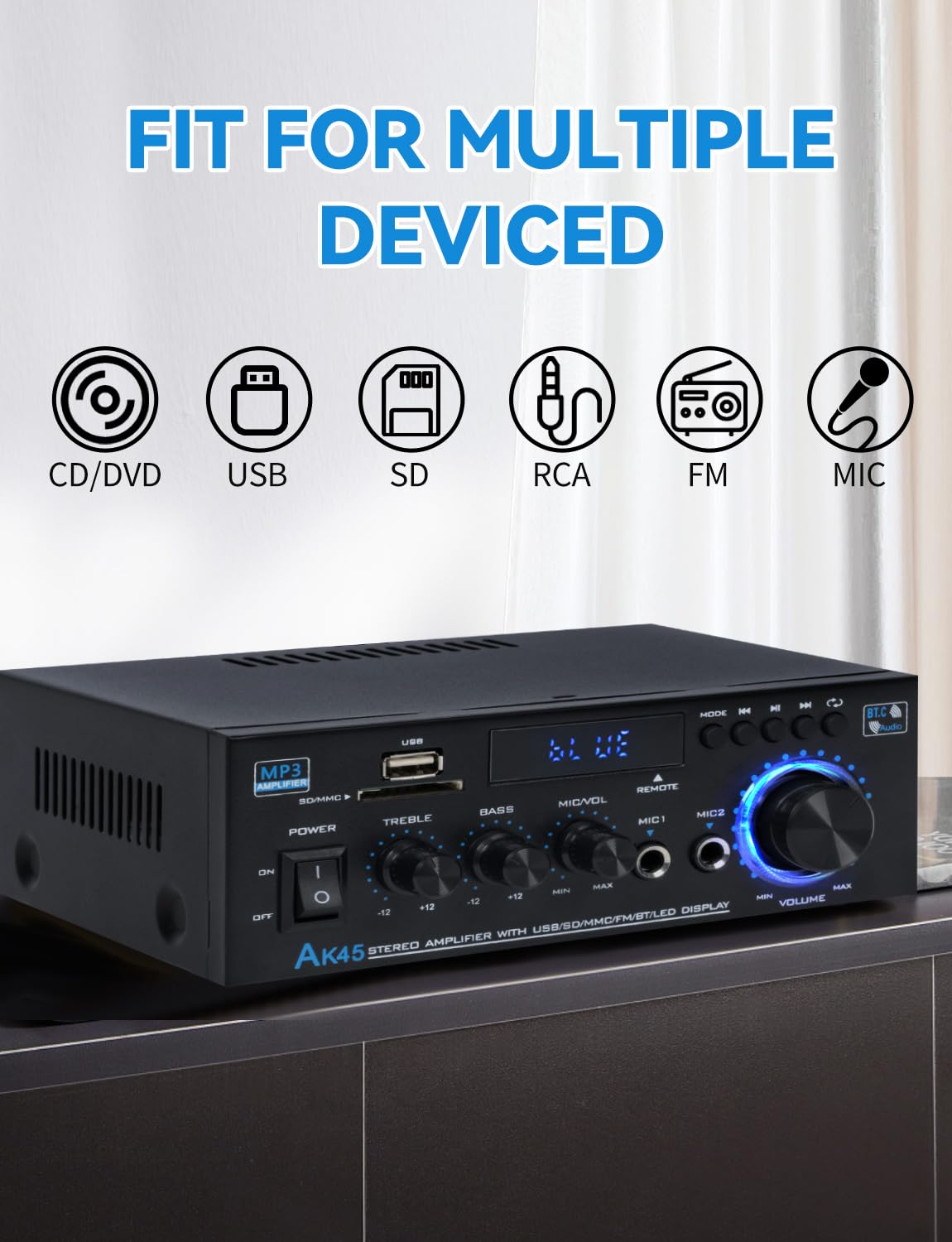 Stereo Home Audio Amplifier Receiver Ak45, 600W Bluetooth 5.0 Hifi Stereo Power Amplifier 2.0 Channel Rms 40W X 2 Home Stereo Sy