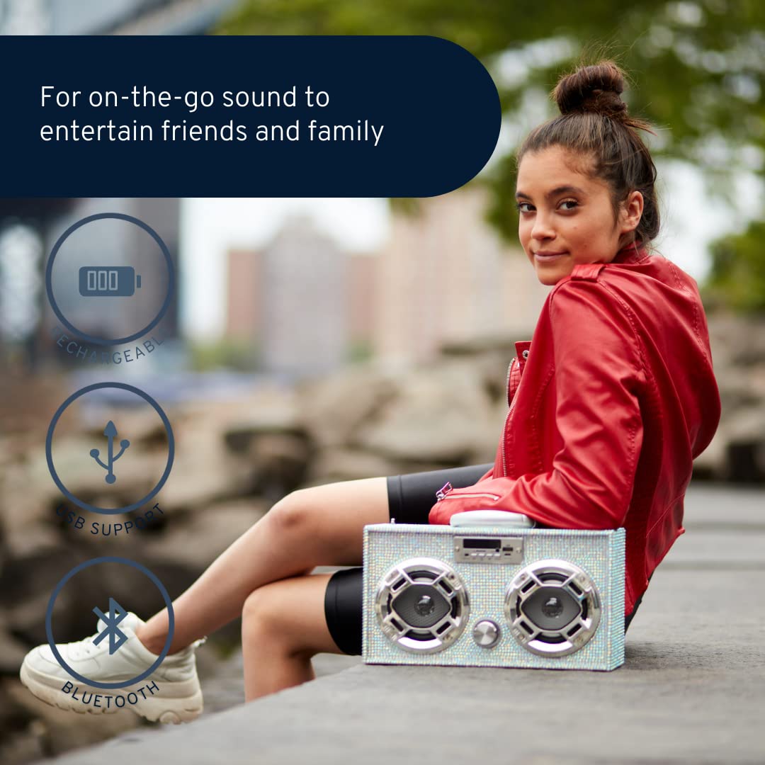 Wireless Express   Mini Boombox With Led Speakers   Retro Bluetooth Speaker W/Enhanced Fm Radio   Perfect For Home And Outdoor (Iridescent Bling)
