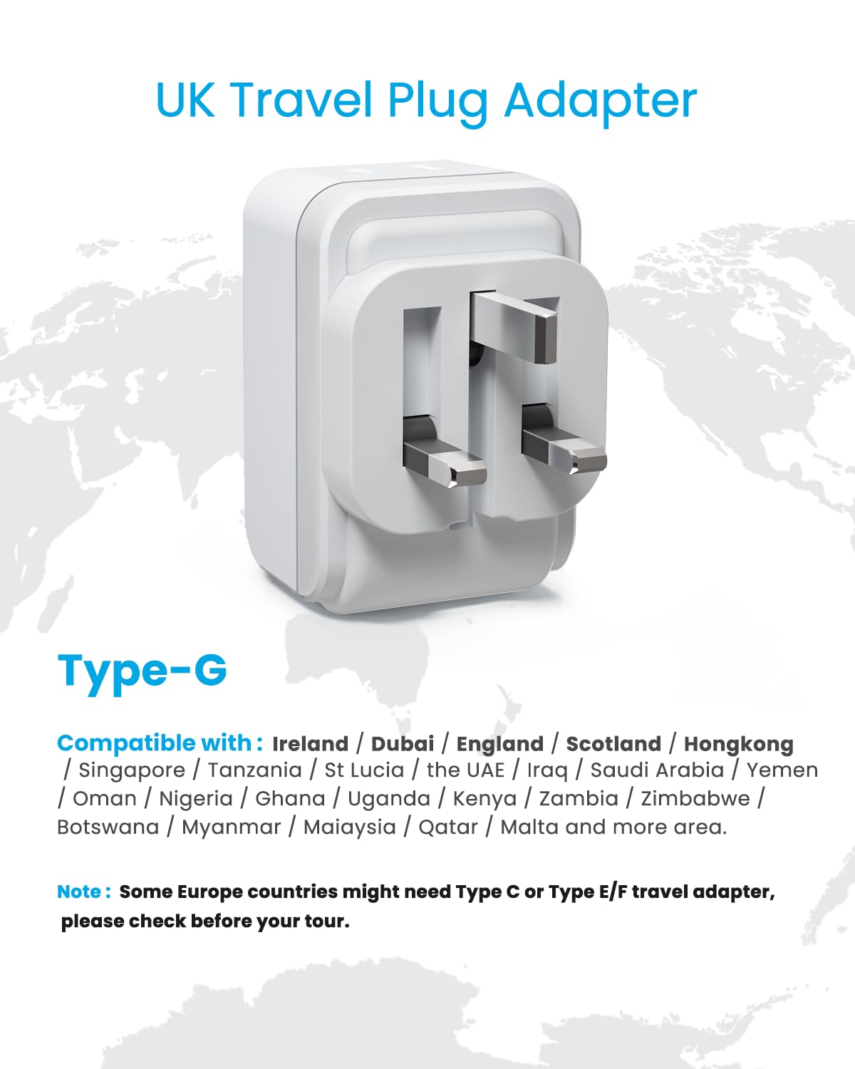 2 Pack Us To Uk Ireland Plug Adapter, Vintar Foldable Type G Power Adapter, Uk Travel Adaptor With 2 Outlets And 3 Usb(2 Usb C P