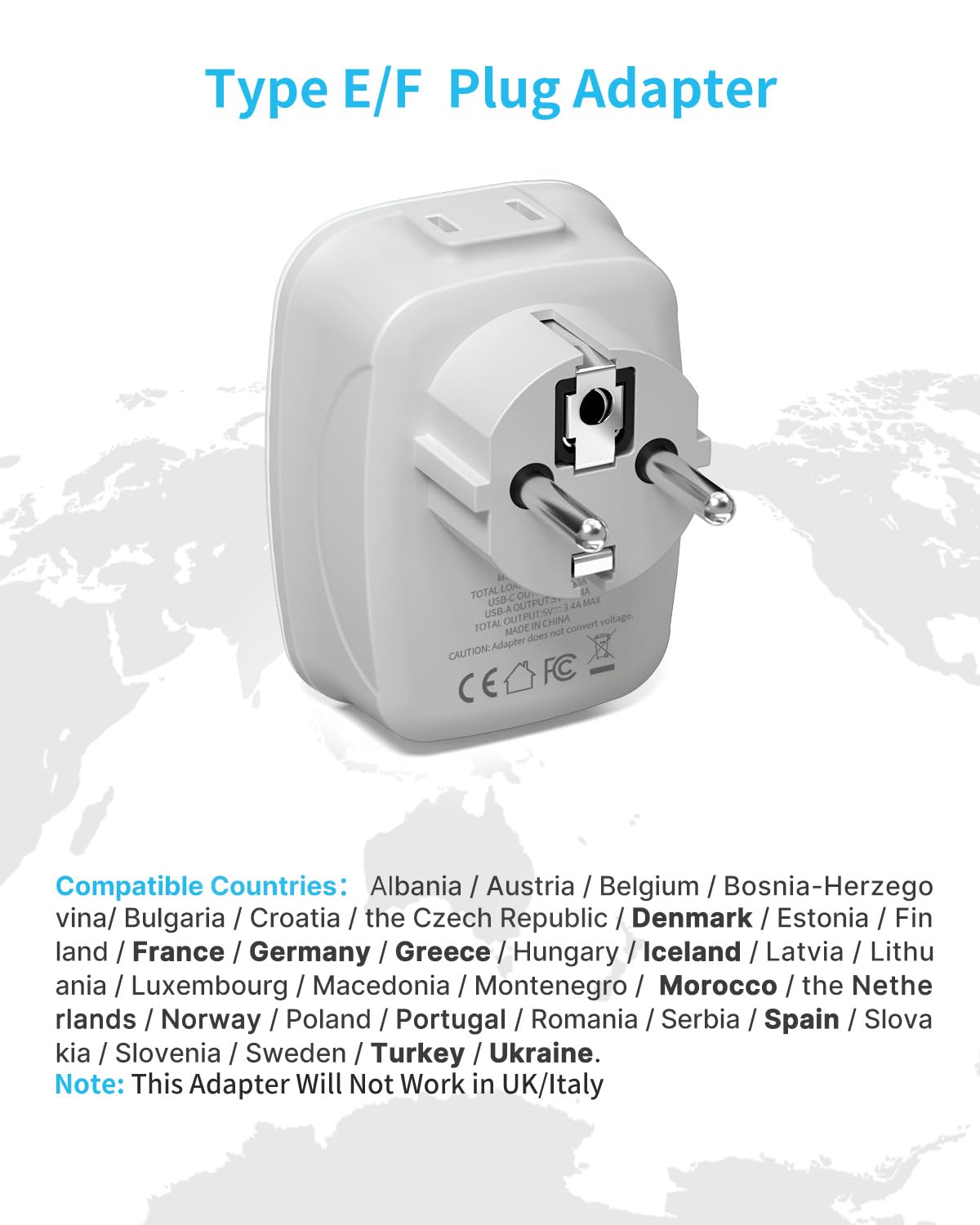 3 Pack Type E/F Plug Adapter, Vintar Schuko Germany France Adapter Plug,South Korea Outlet Adapter With 1 Usb C,3 Usb Ports And