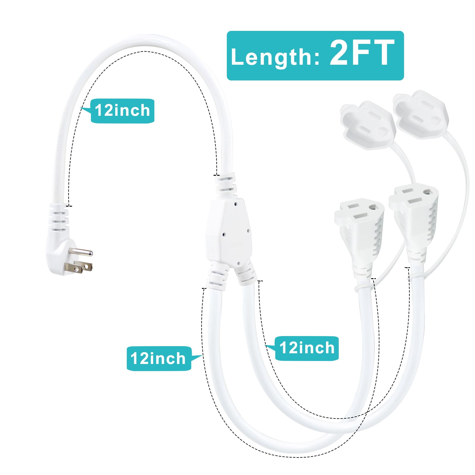 [2Pack] 2 Way Outdoor Extension Cord Splitter   White 2Ft 1 To 2 Splitter Extension Cord, 125V 13 Amp 16Awg 2 Way Waterproof 90