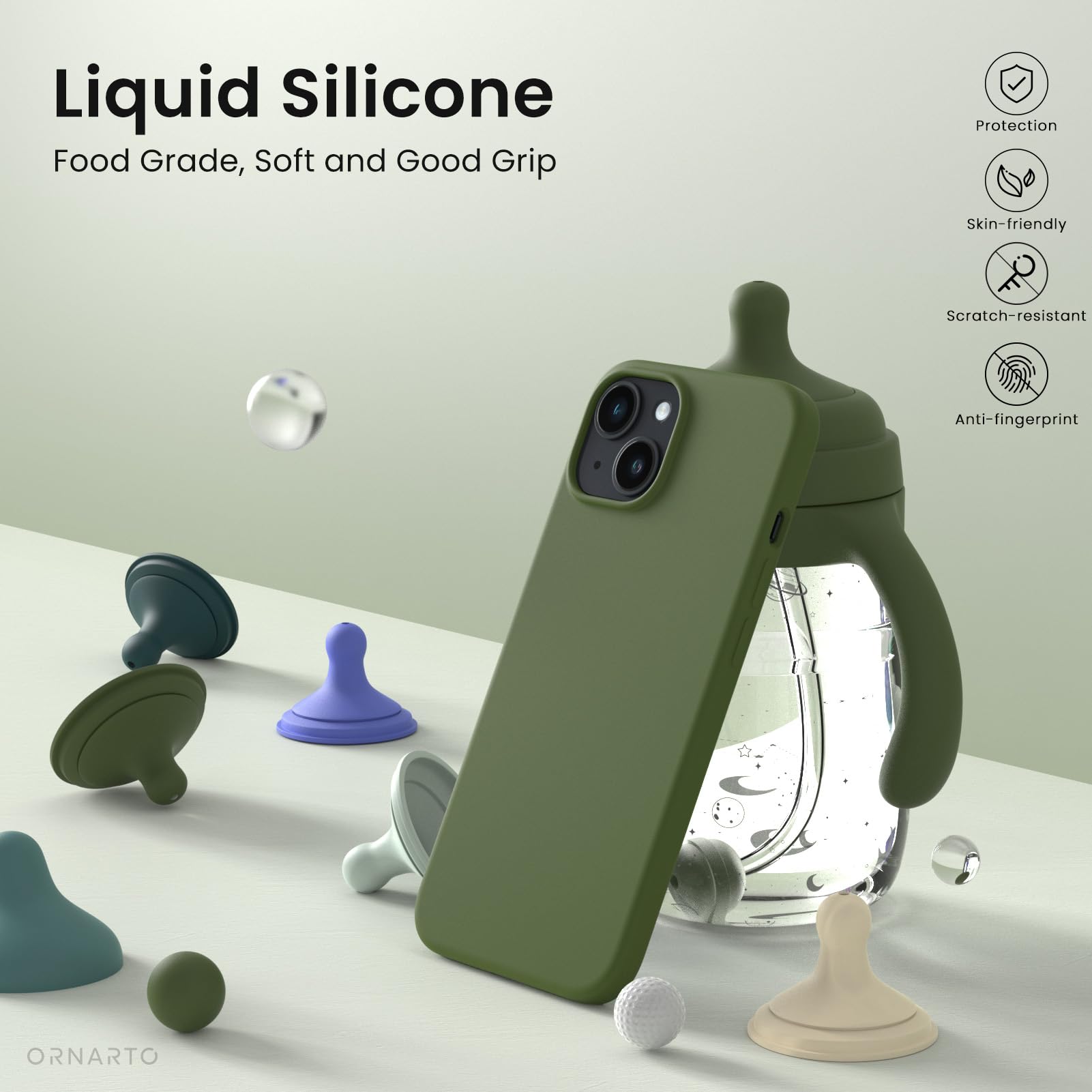 Ornarto Compatible With Iphone 14 Case 6.1, Slim Liquid Silicone 3 Layers Full Phone Covered Soft Gel Rubber Case Protective Pho