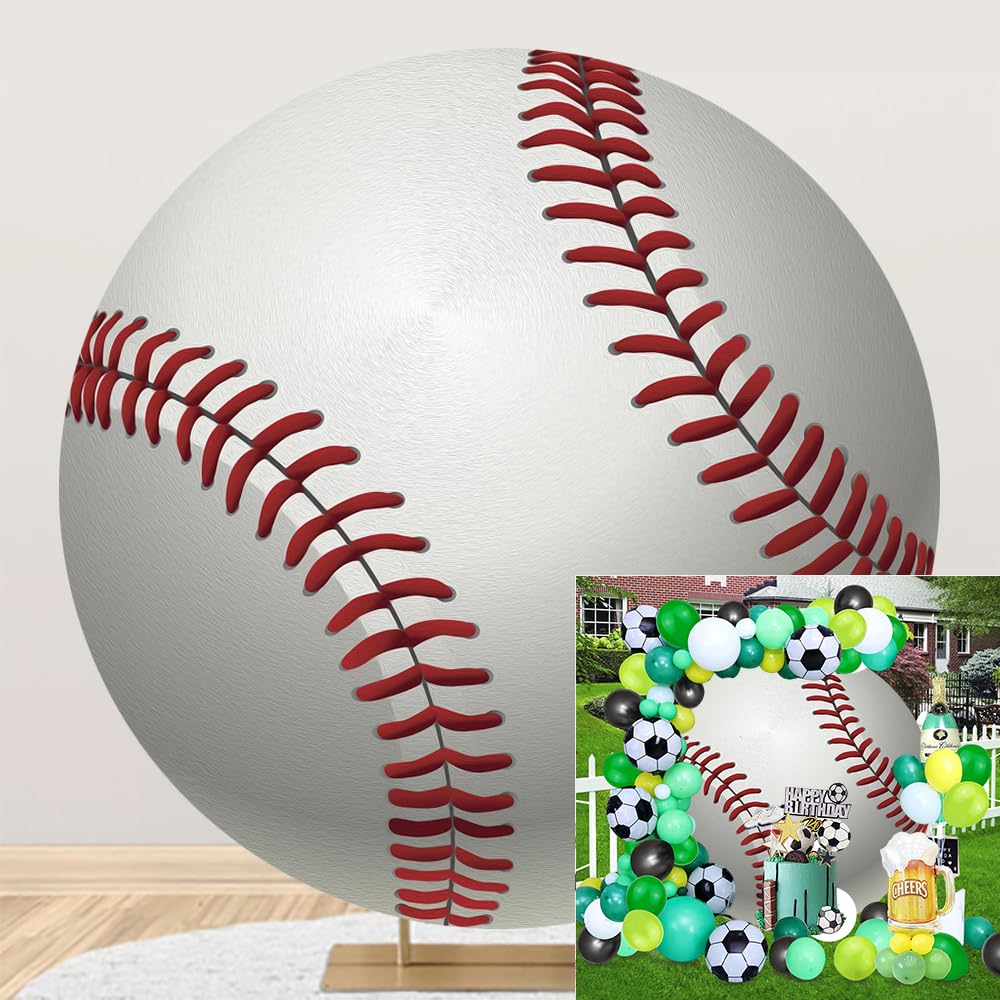 Dorcev 7.2X7.2Ft Diameter Baseball Birthday Round Backdrop Cover Red White Sports For Boy Kids Athlete Newborn Gender Reveal Par