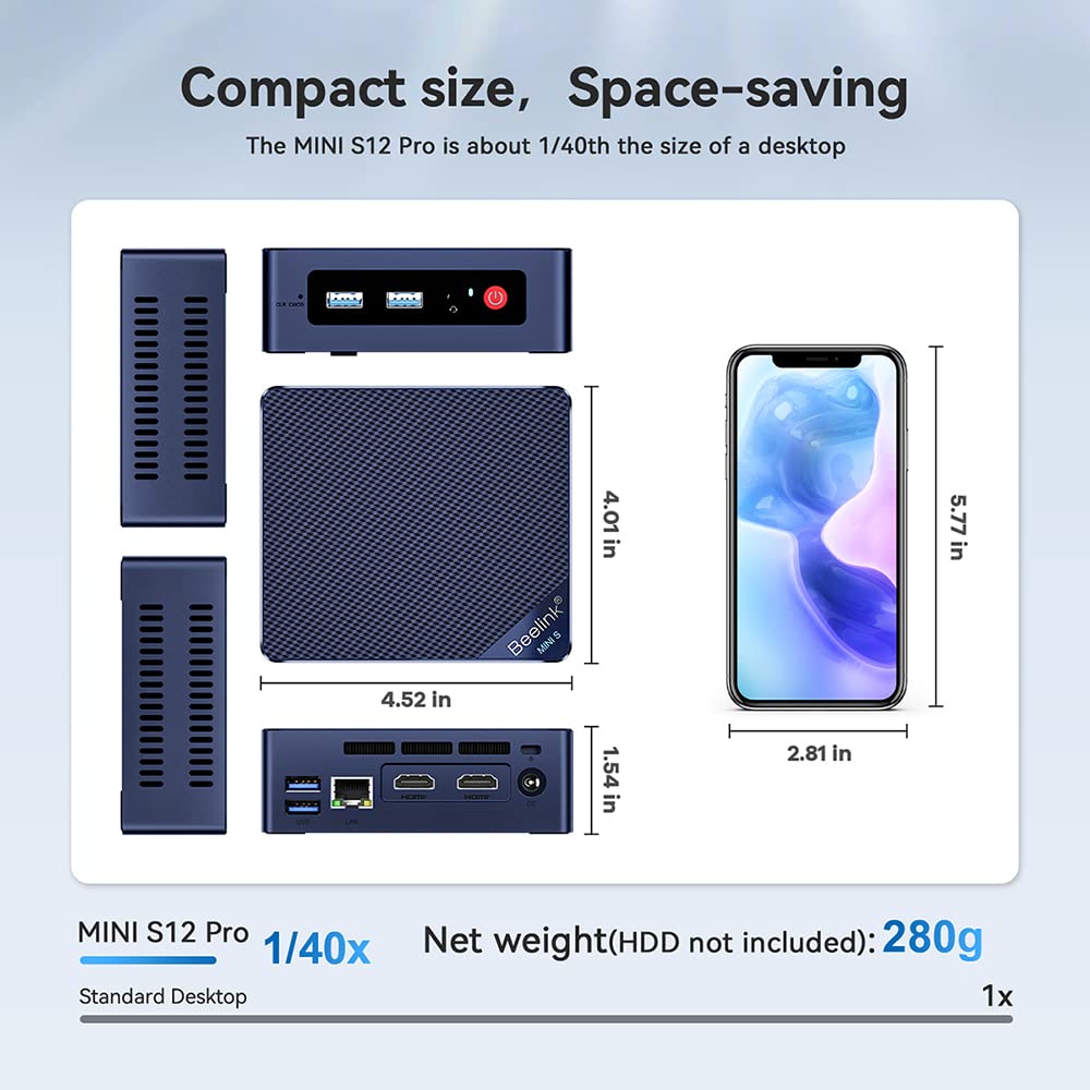 Beelink Mini S12 Mini Pc, Intel 12Th Gen 4 Core N100(Up To 3.4Ghz), Mini Computer 16Gb Ddr4 Ram 500Gb Ssd, Mini Desktop Pc Dual
